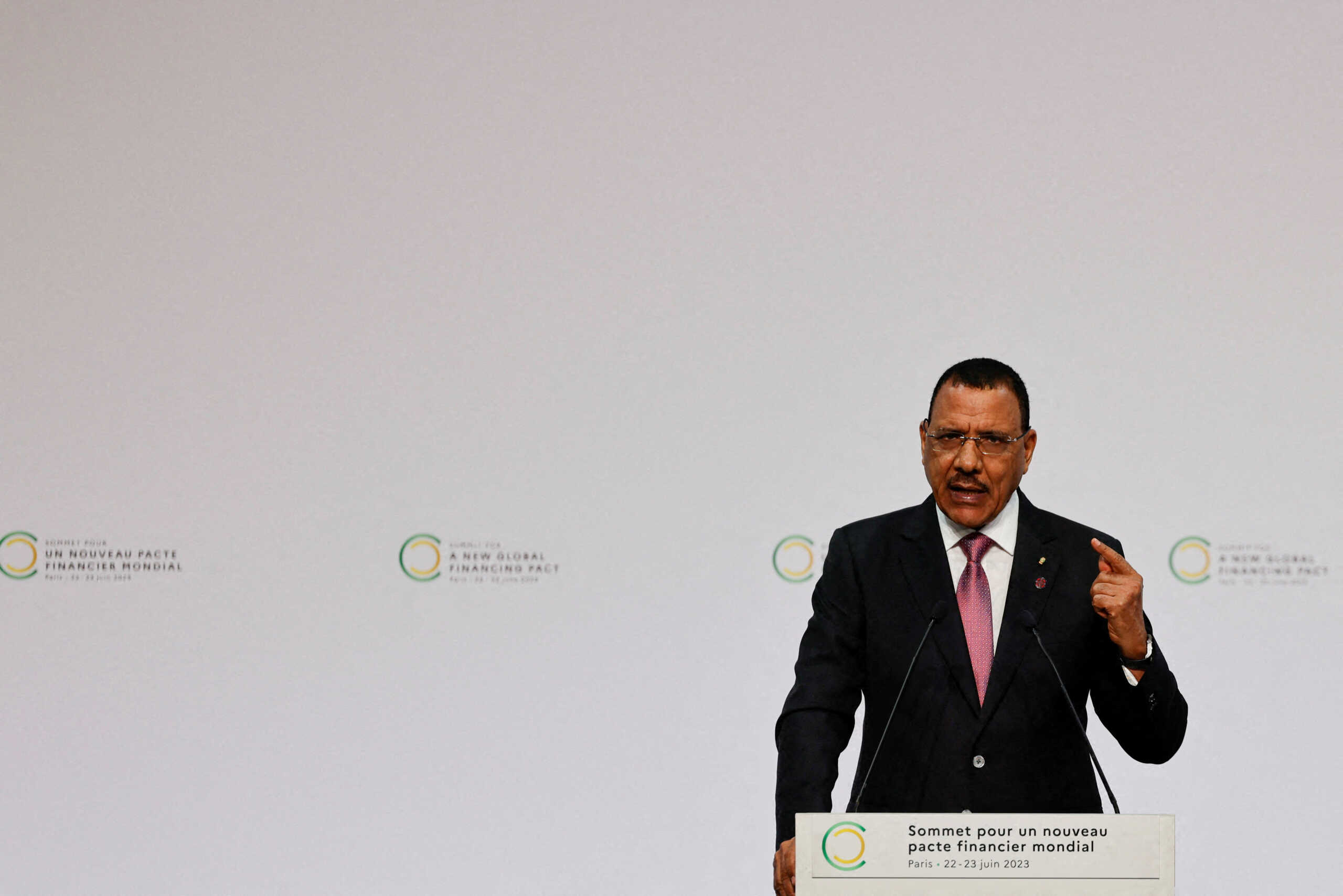 FILE PHOTO: President of Niger, Mohamed Bazoum delivers a speech during the opening session of the New Global Financial Pact Summit at the Palais Brogniart in Paris, France on June 22, 2023.     LUDOVIC MARIN