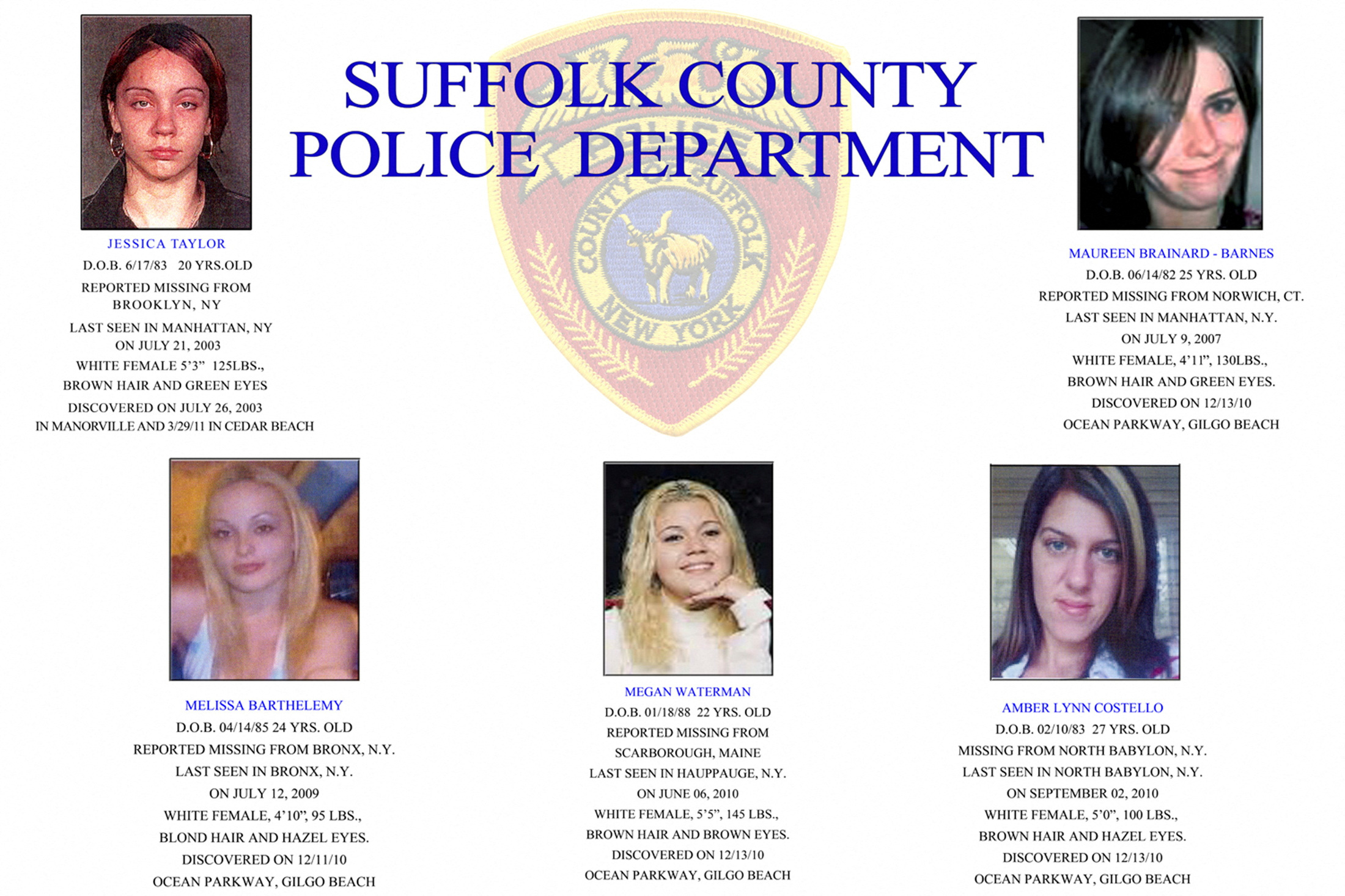 FILE PHOTO: Pictures of women, whose bodies were identified among 10 bodies found near Gilgo Beach since December 2010, are seen in this Suffolk County Police handout image released to Reuters on September 20, 2011. Police investigating the 10 bodies dumped by a possible serial killer near a Long Island beach said on Tuesday two of the victims may be a mother and her toddler daughter. Police suspect some of the remains, found near New York's Gilgo beach since December, belong to victims of at least one serial killer preying on prostitutes who sought clients on the Internet, including on Craigslist. REUTERS