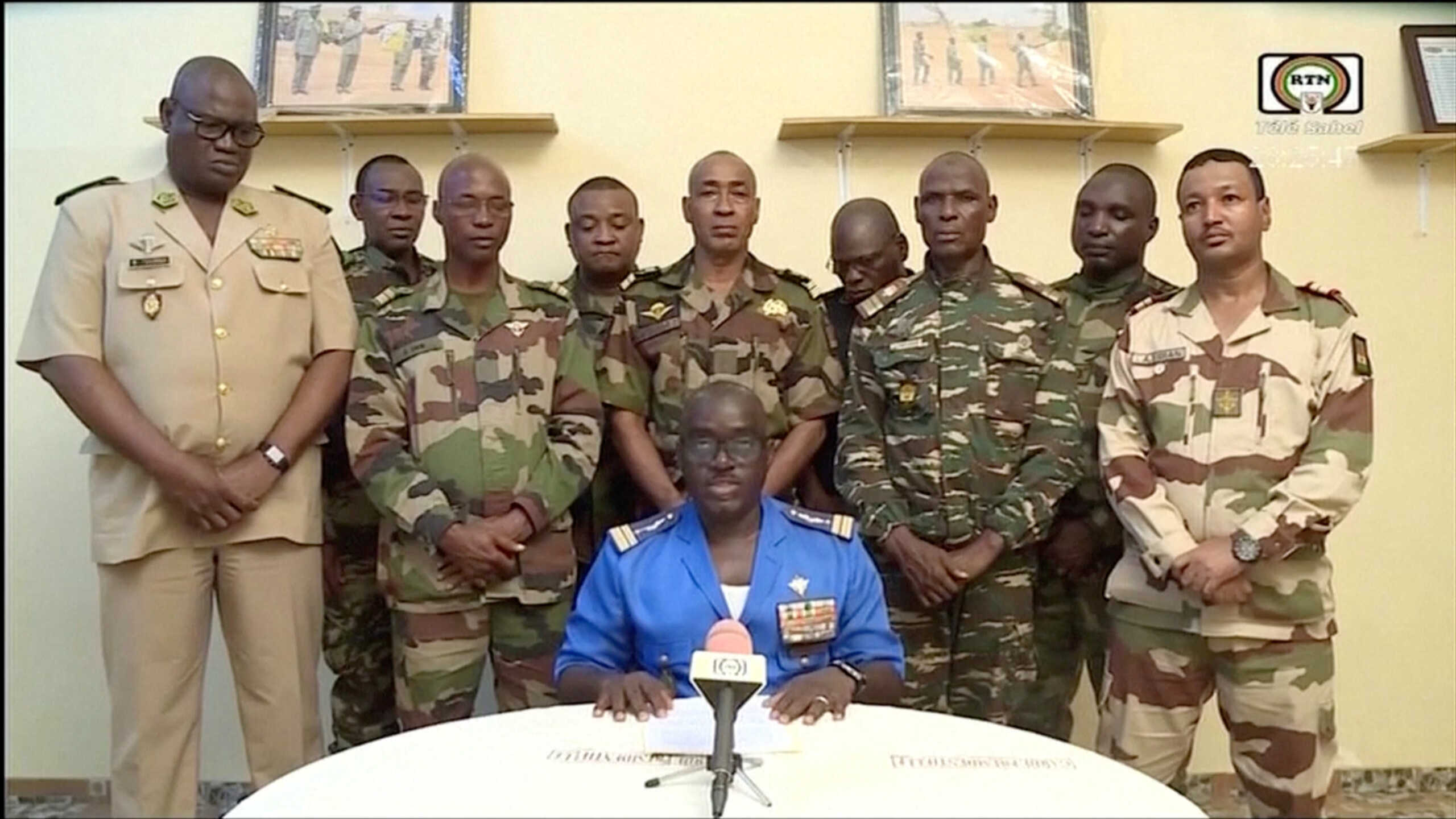 Niger Army spokesman Colonel Major Amadou Adramane speaks during an appearance on national television, after President Mohamed Bazoum was held in the presidential palace, in Niamey, Niger, July 26, 2023 in this still image taken from video.  ORTN