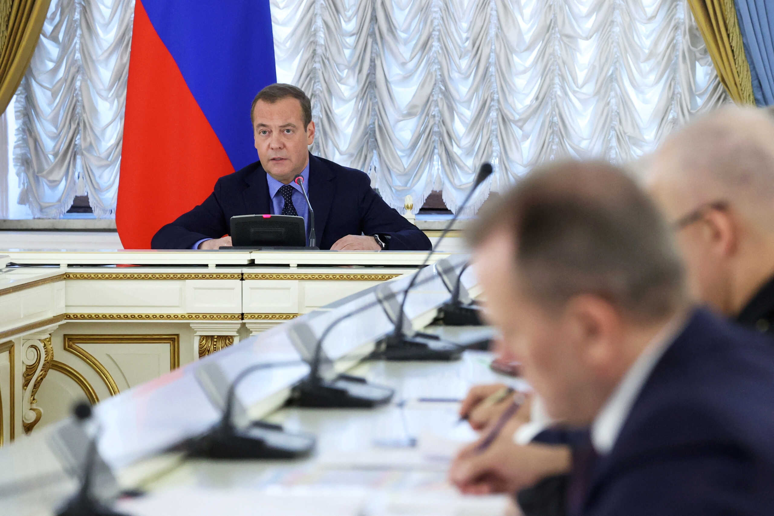 Deputy head of Russia's Security Council Dmitry Medvedev chairs a meeting on manning the Russian Armed Forces with contract servicemen, in Moscow, Russia July 4, 2023. Sputnik