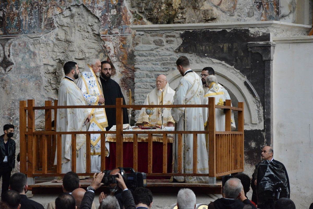 epa09415384 A handout photo made available by the Ecumenical Patriarchate of Constantinople shows Ecumenical patriarch Bartholomew I (C), spiritual leader of Greek Orthodox world conducting the service of Assumption of Mary at the Sumela Monastery in the Black Sea province of Trabzon, Turkey, 15 August 2021. The Sumela Monastery is reopened after the completion of over five years of restoration work. Sumela Monastery is a Greek Orthodox monastery and church complex located at an altitude of 1,150 m in Macka district of Trabzon. It was opened for worship on 15 August 2010 for the first time after 88 years.  EPA