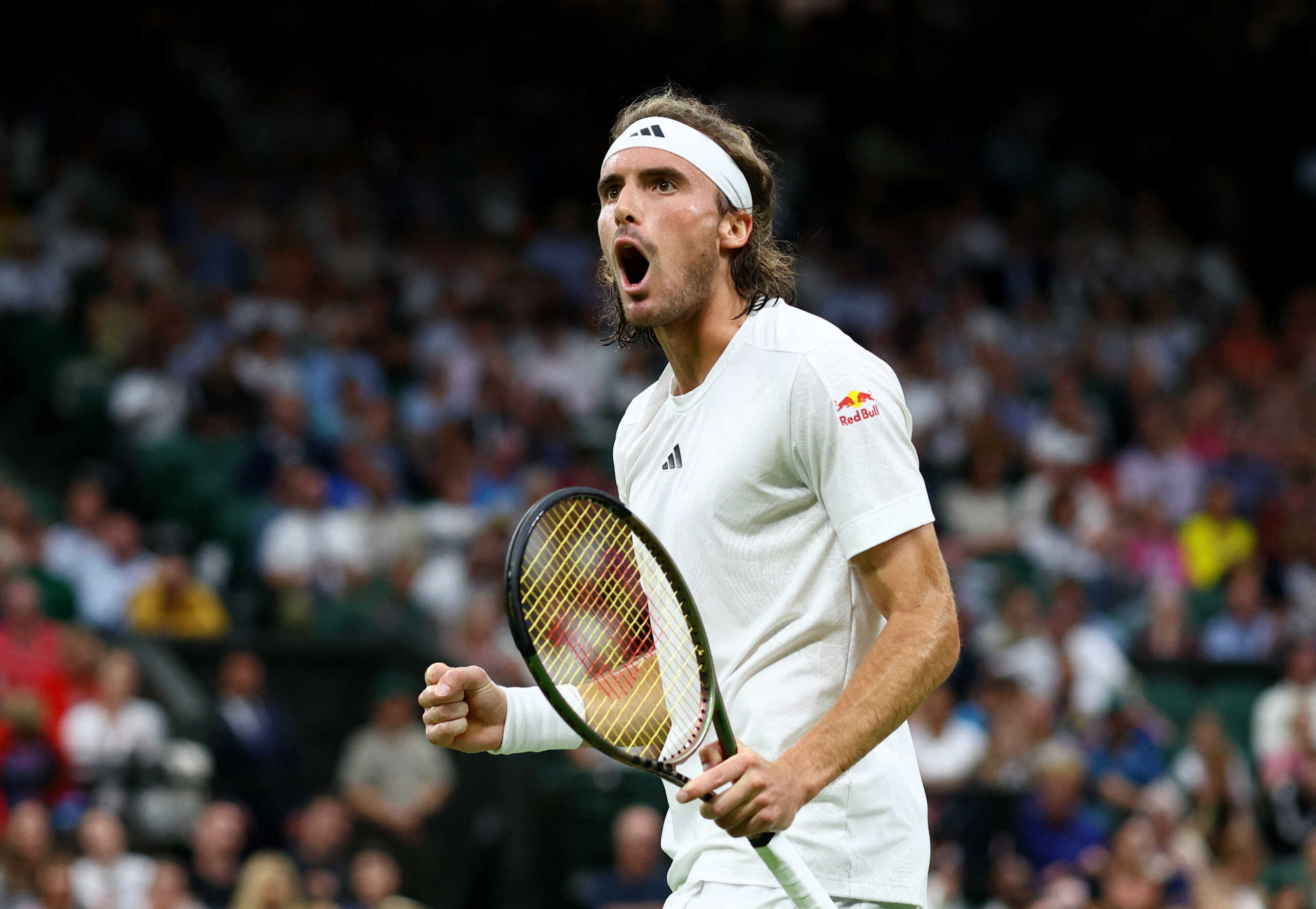 Tennis - Wimbledon - All England Lawn Tennis and Croquet Club, London, Britain - July 6, 2023 Greece's Stefanos Tsitsipas reacts during his second round match against Britain’s Andy Murray REUTERS