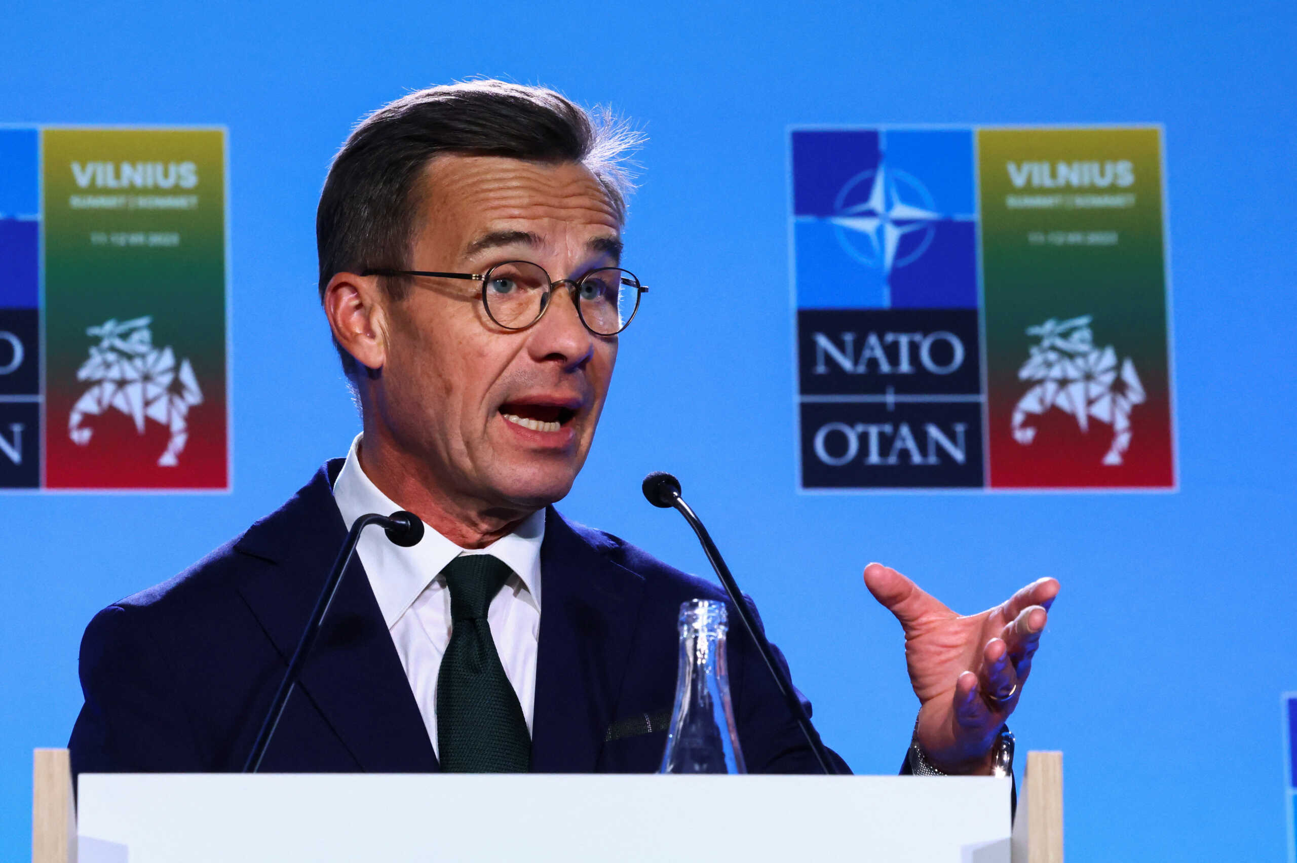 Swedish Prime Minister Ulf Kristersson speaks to the press after his meeting with Turkish President Tayyip Erdogan and NATO Secretary-General Jens Stoltenberg, on the eve of a NATO summit, in Vilnius, Lithuania July 10, 2023. REUTERS