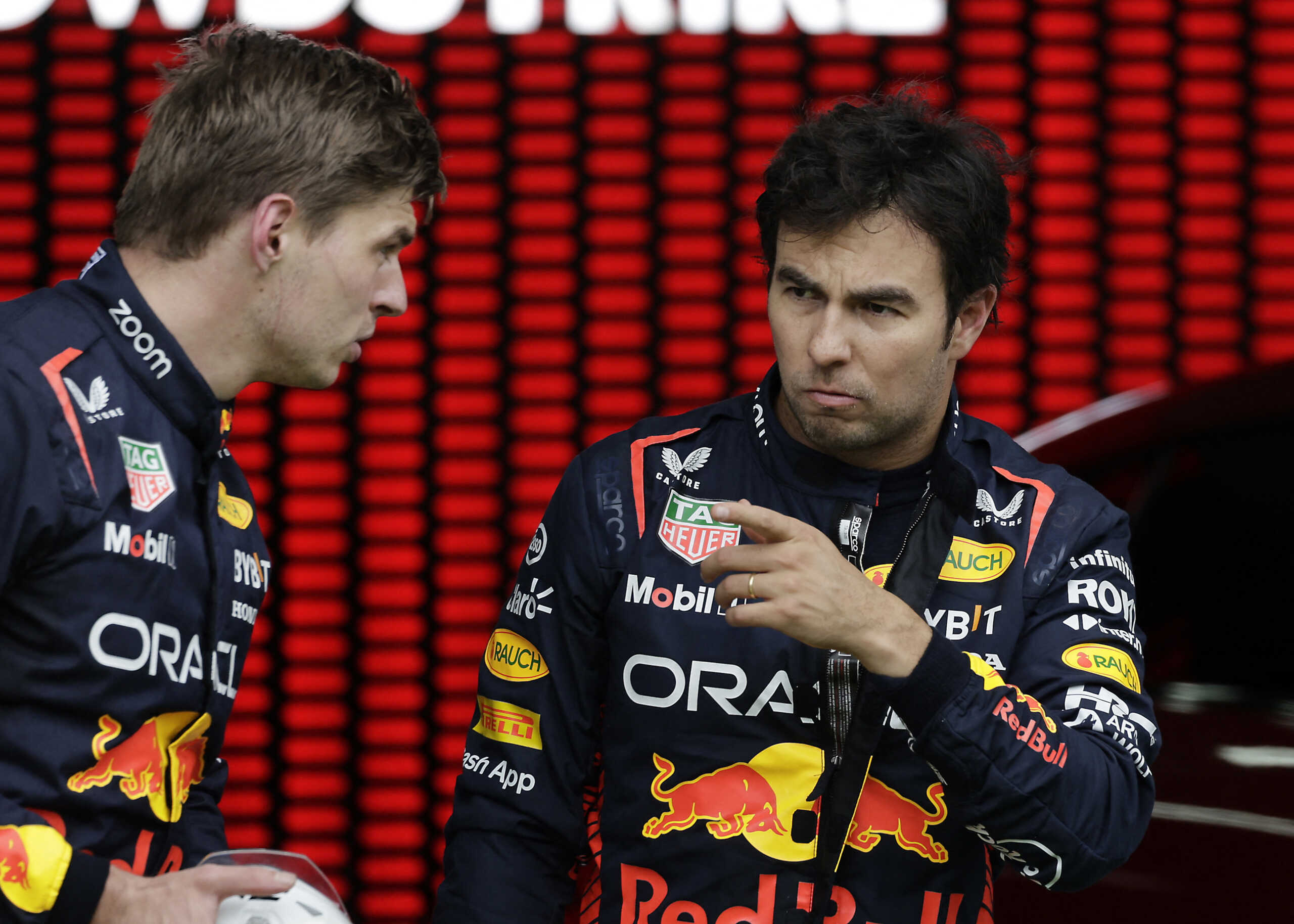 Formula One F1 - Austrian Grand Prix - Red Bull Ring, Spielberg, Austria - July 1, 2023 Red Bull's Max Verstappen after winning the sprint race alongside second place Red Bull's Sergio Perez REUTERS