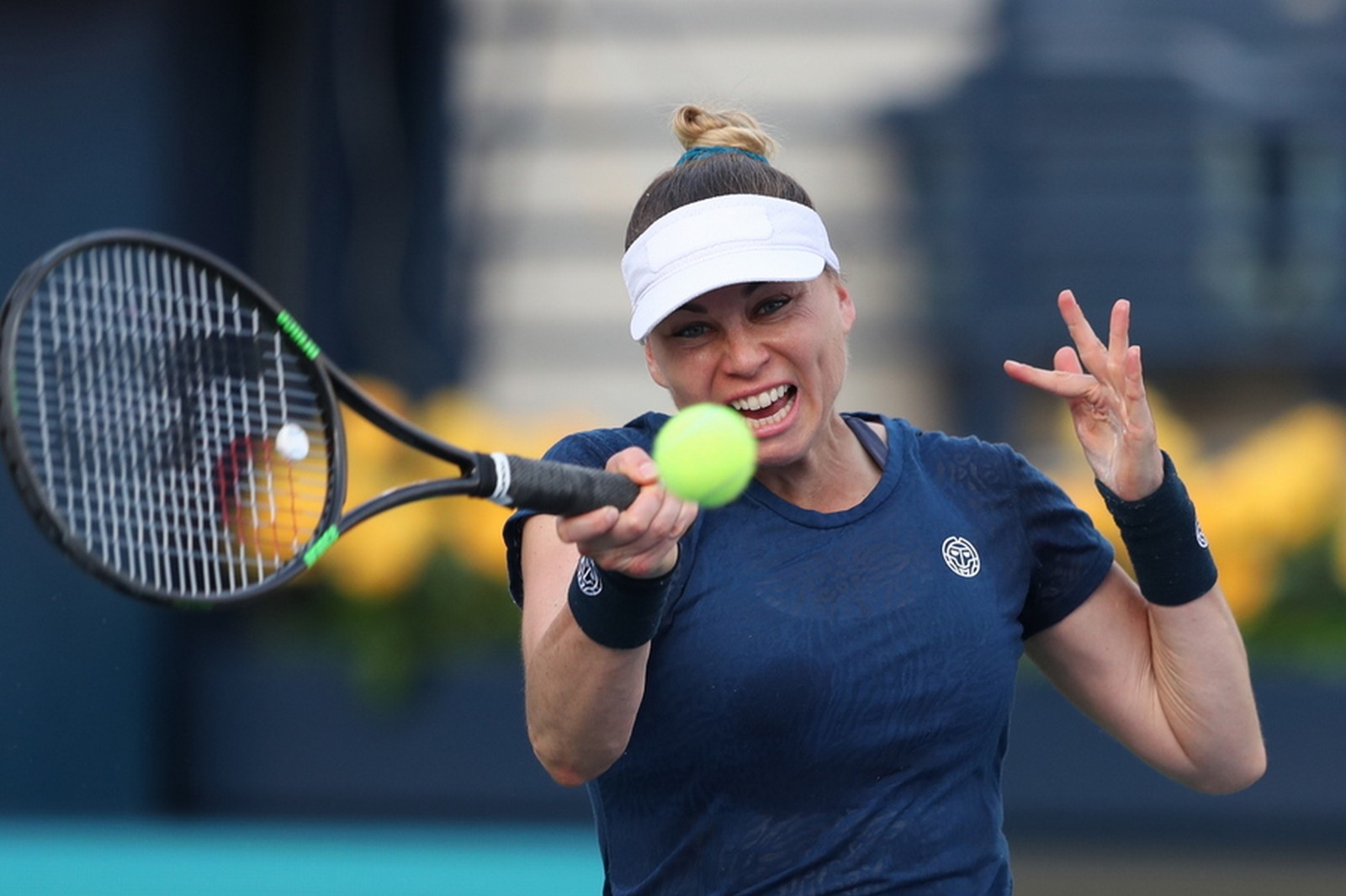 epa09759531 Vera Zvonareva of Russia in action during her first round match against Ons Jabeur of Tunisia at the Dubai Duty Free Tennis WTA Championships 2022 in Dubai, United Arab Emirates, 15 February 2022.  EPA