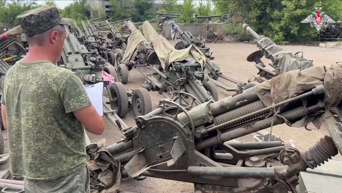 A view shows howitzers, which were handed over by the Wagner mercenary group to Russia's regular armed forces, according to Russian Defence Ministry, at an undisclosed location, in this still image taken from video released July 12, 2023. Russian Defence Ministry