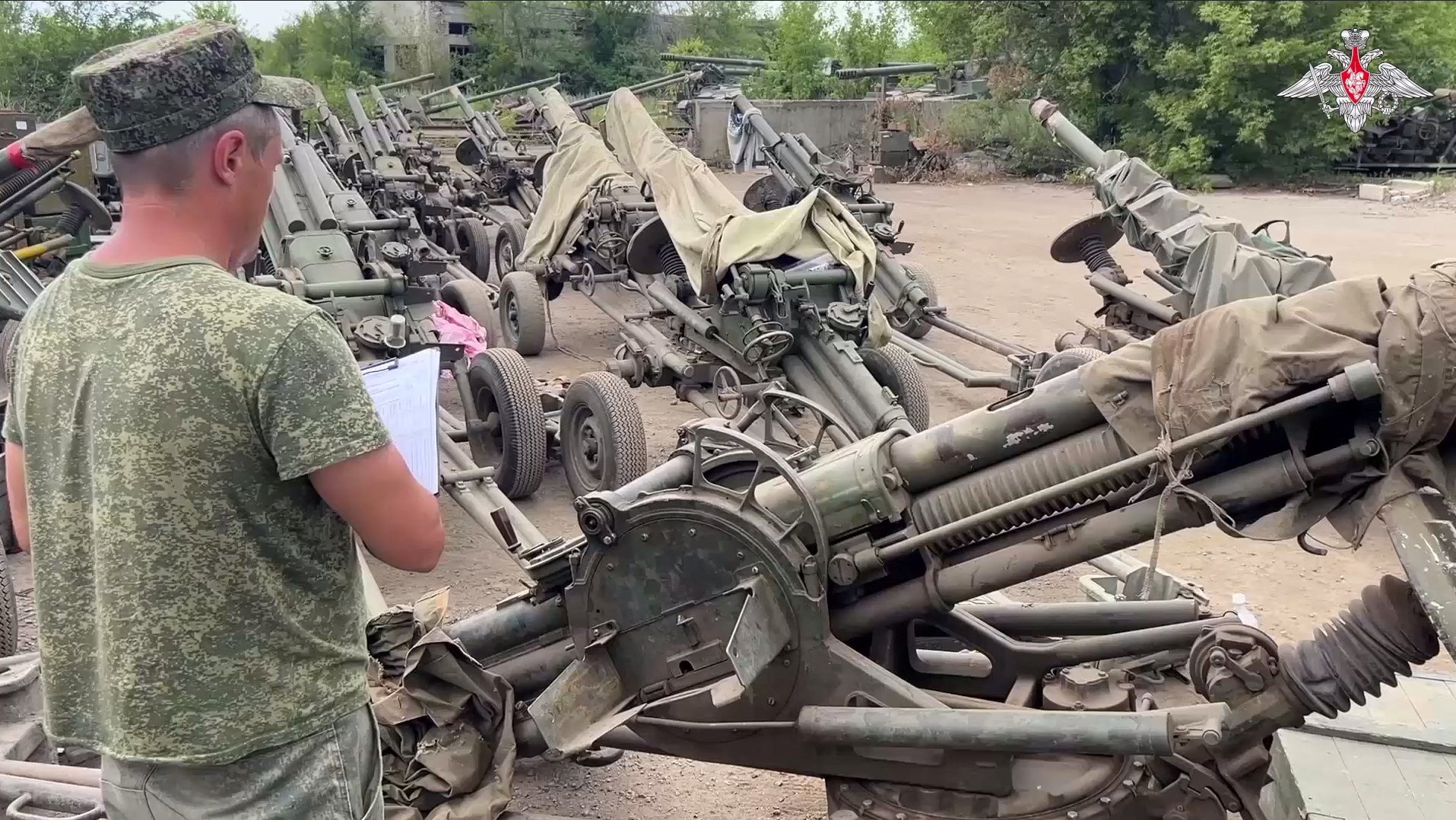 A view shows howitzers, which were handed over by the Wagner mercenary group to Russia's regular armed forces, according to Russian Defence Ministry, at an undisclosed location, in this still image taken from video released July 12, 2023. Russian Defence Ministry