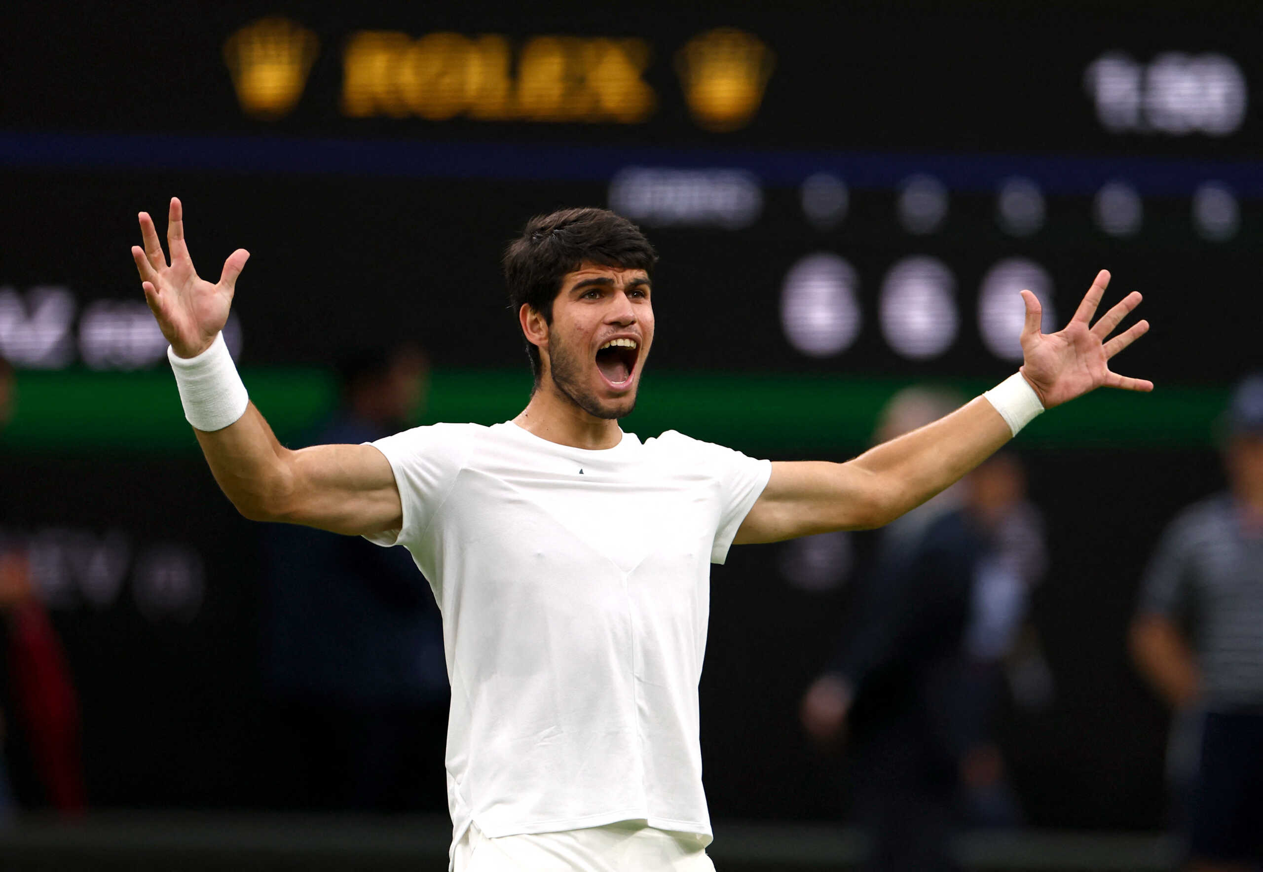 Tennis - Wimbledon - All England Lawn Tennis and Croquet Club, London, Britain - July 14, 2023 Spain's Carlos Alcaraz celebrates winning his semi final match against Russia's Daniil Medvedev REUTERS
