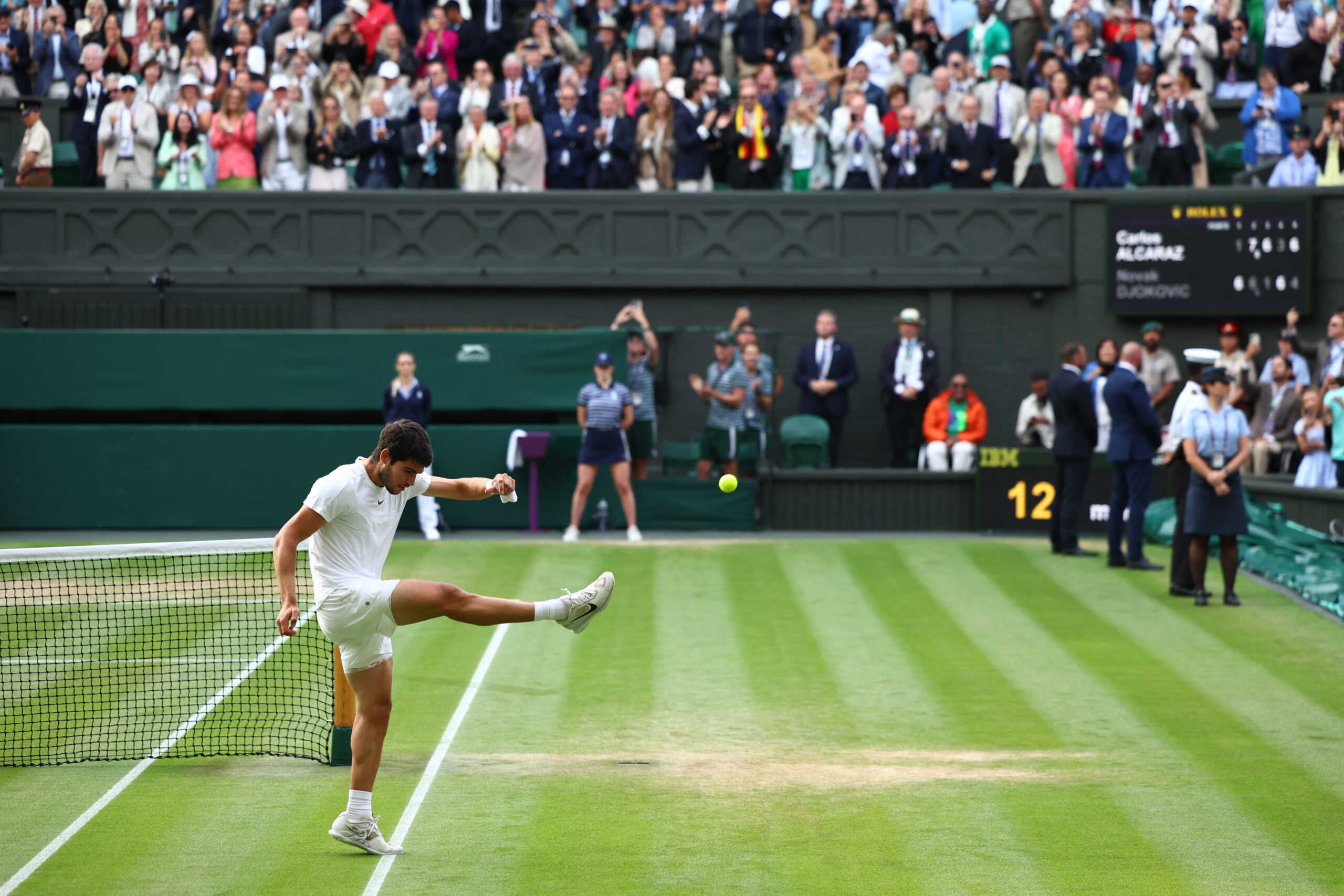 Tennis - Wimbledon - All England Lawn Tennis and Croquet Club, London, Britain - July 16, 2023 Spain's Carlos Alcaraz celebrates after winning his final match against Serbia's Novak Djokovic REUTERS