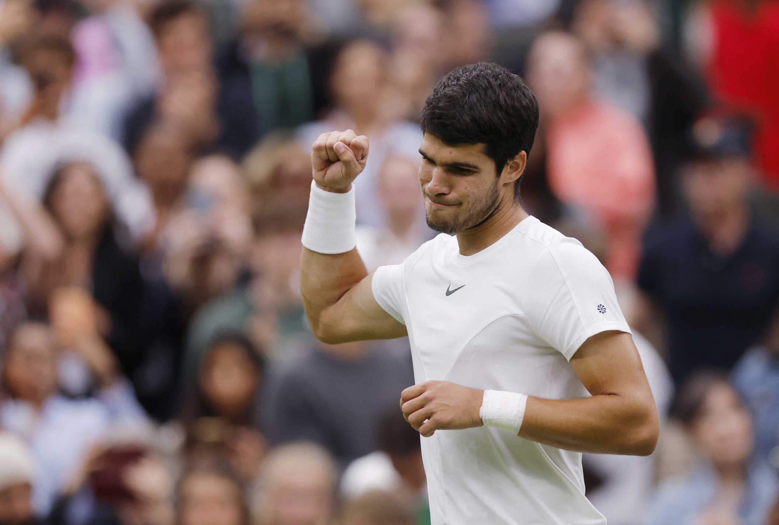 Tennis - Wimbledon - All England Lawn Tennis and Croquet Club, London, Britain - July 4, 2023 Spain’s Carlos Alcaraz celebrates winning his first round match against France’s Jeremy Chardy REUTERS