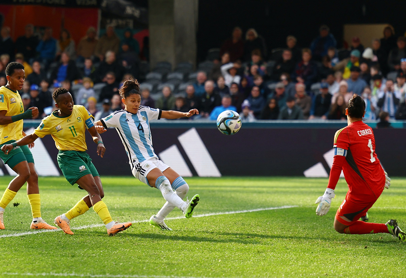 Soccer Football - FIFA Women’s World Cup Australia and New Zealand 2023 - Group G - Argentina v South Africa - Forsyth Barr Stadium, Dunedin, New Zealand - July 28, 2023
South Africa's Thembi Kgatlana scores their second goal REUTERS