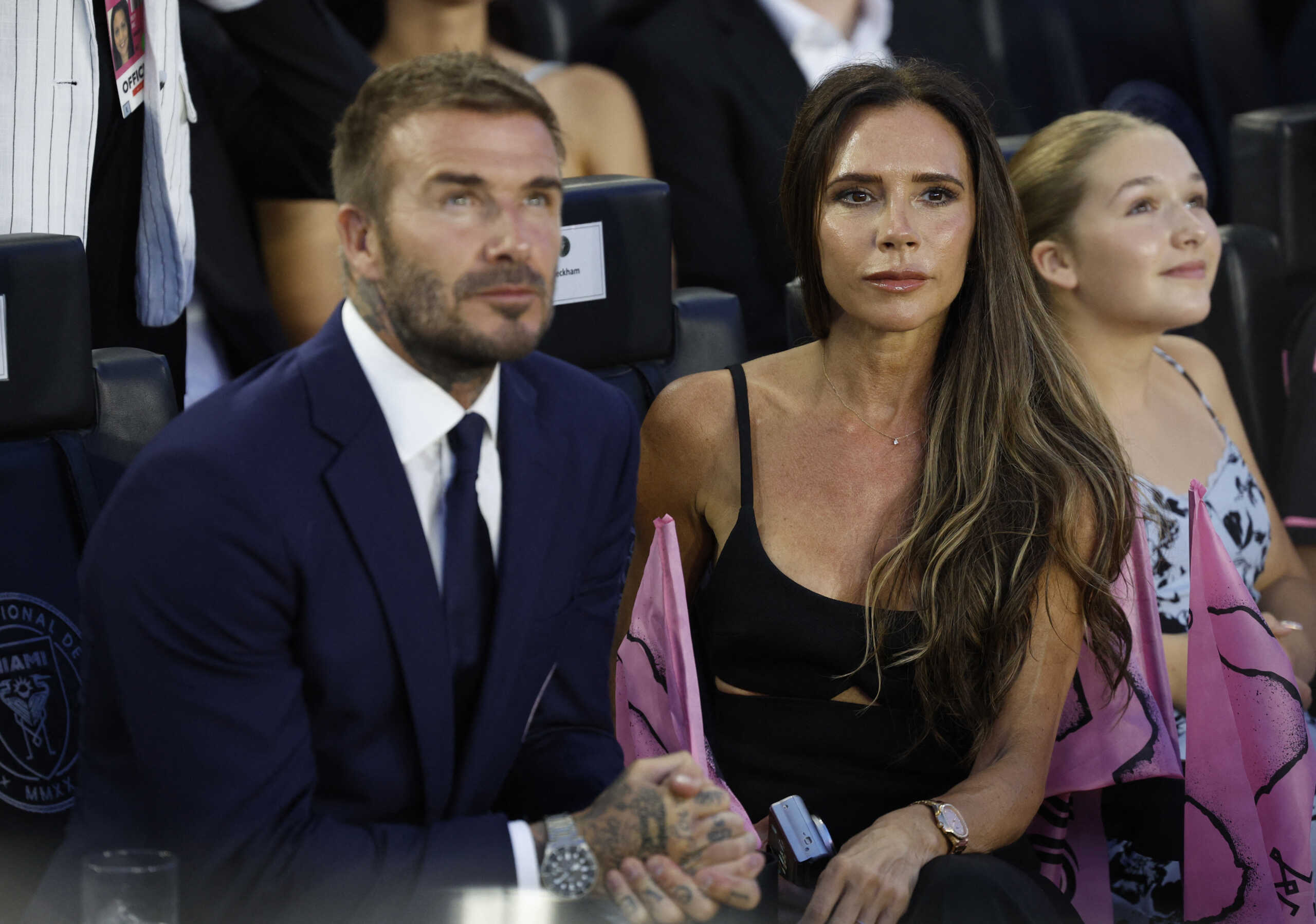 Soccer Football - Leagues Cup - Group J - Inter Miami v Cruz Azul - DRV PNK Stadium, Fort Lauderdale, Florida, United States - July 21, 2023 Inter Miami owner David Beckham with Victoria Beckham are seen during the match REUTERS