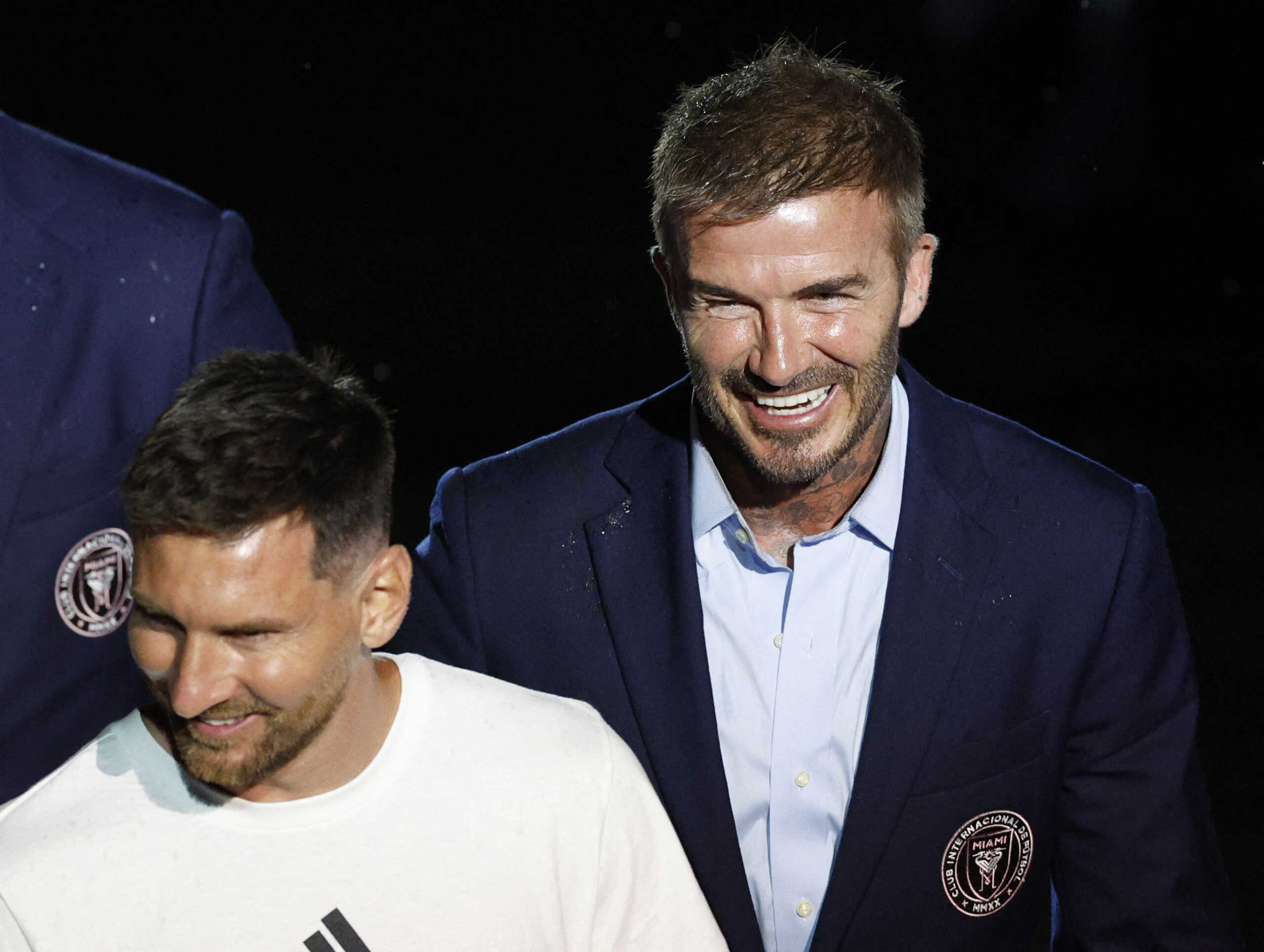 Soccer Football - Inter Miami CF unveil Lionel Messi - DRV PNK Stadium, Fort Lauderdale, Florida, United States - July 16, 2023 New Inter Miami signing Lionel Messi with owner David Beckham during the unveiling REUTERS