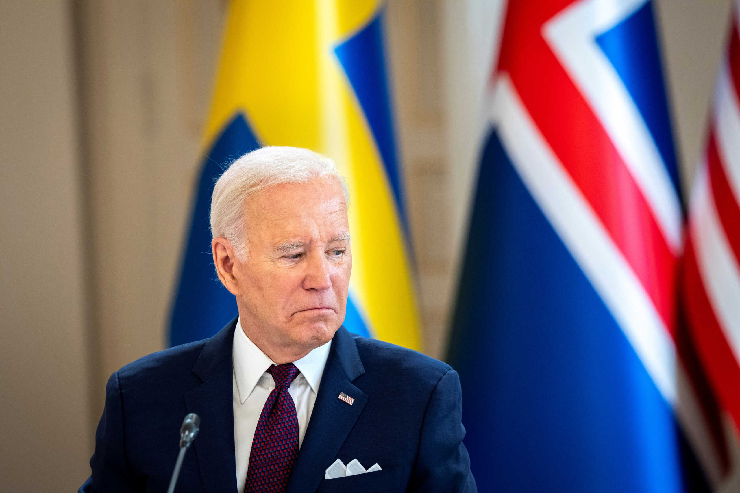 US President Joe Biden listens during a meeting with Nordic leaders (not pictured) at the Presidential Palace in Helsinki, Finland, July 13, 2023.   Ritzau Scanpix