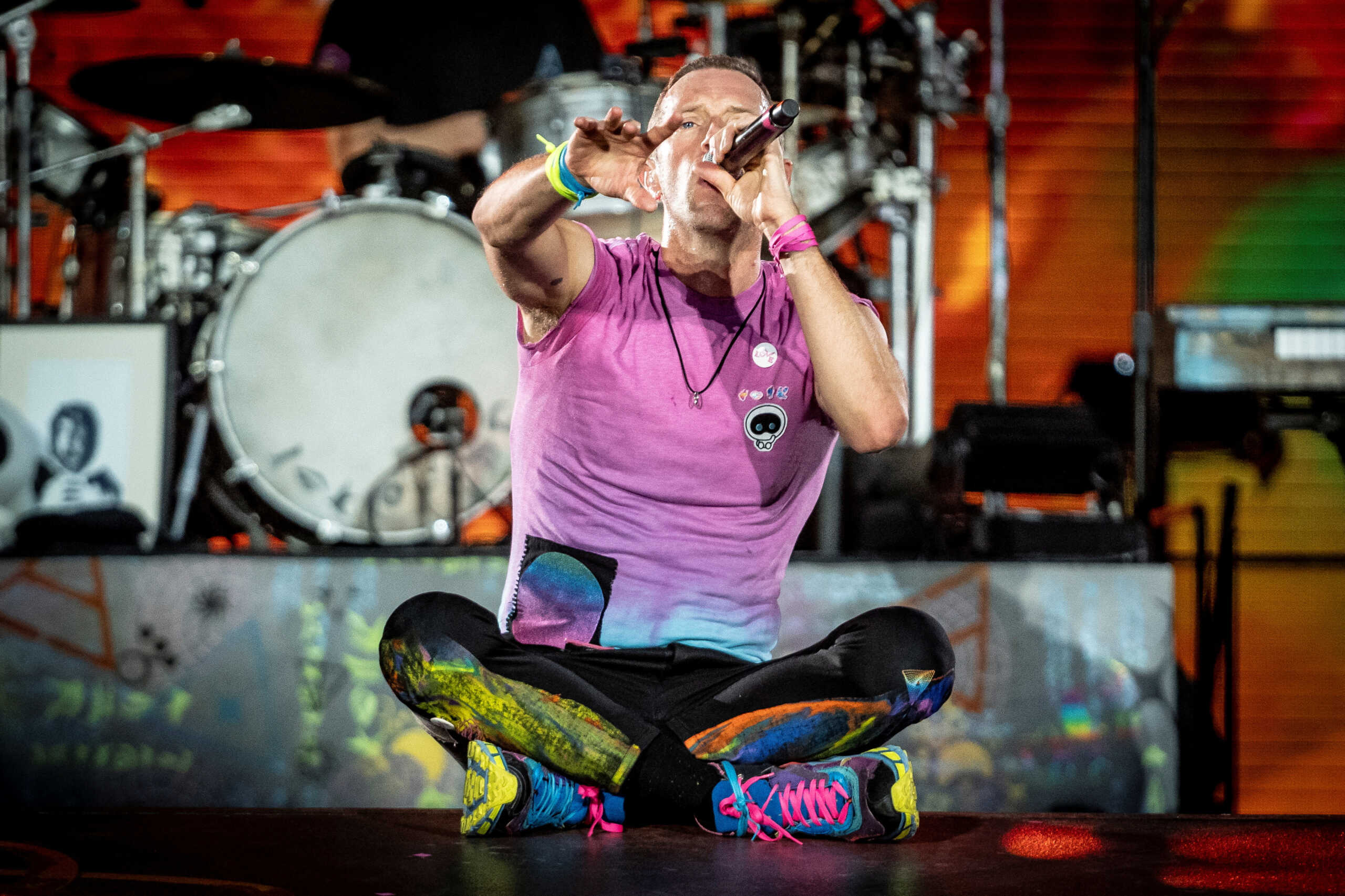 British singer Chris Martin of British band Coldplay performs at Parken Stadium in Copenhagen, Denmark July 5, 2023. Ritzau Scanpix