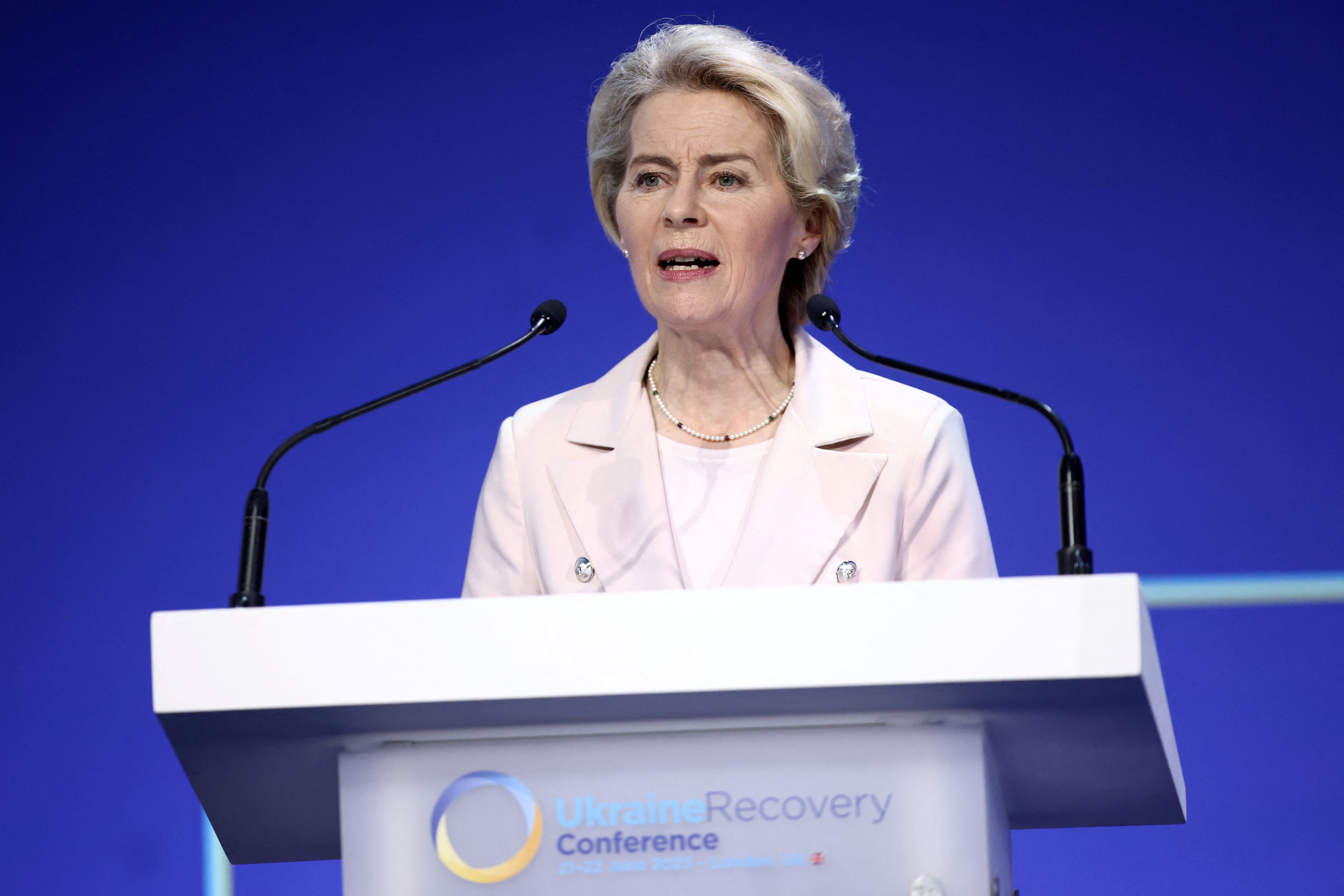 European Commission President Ursula von der Leyen addresses the opening session on the first day of the Ukraine Recovery Conference in London, Britain June 21, 2023. Leaders and representatives from more than 60 countries are in London for a two-day conference to secure funding to help Ukraine recover from the ravages of war.     Henry Nicholls