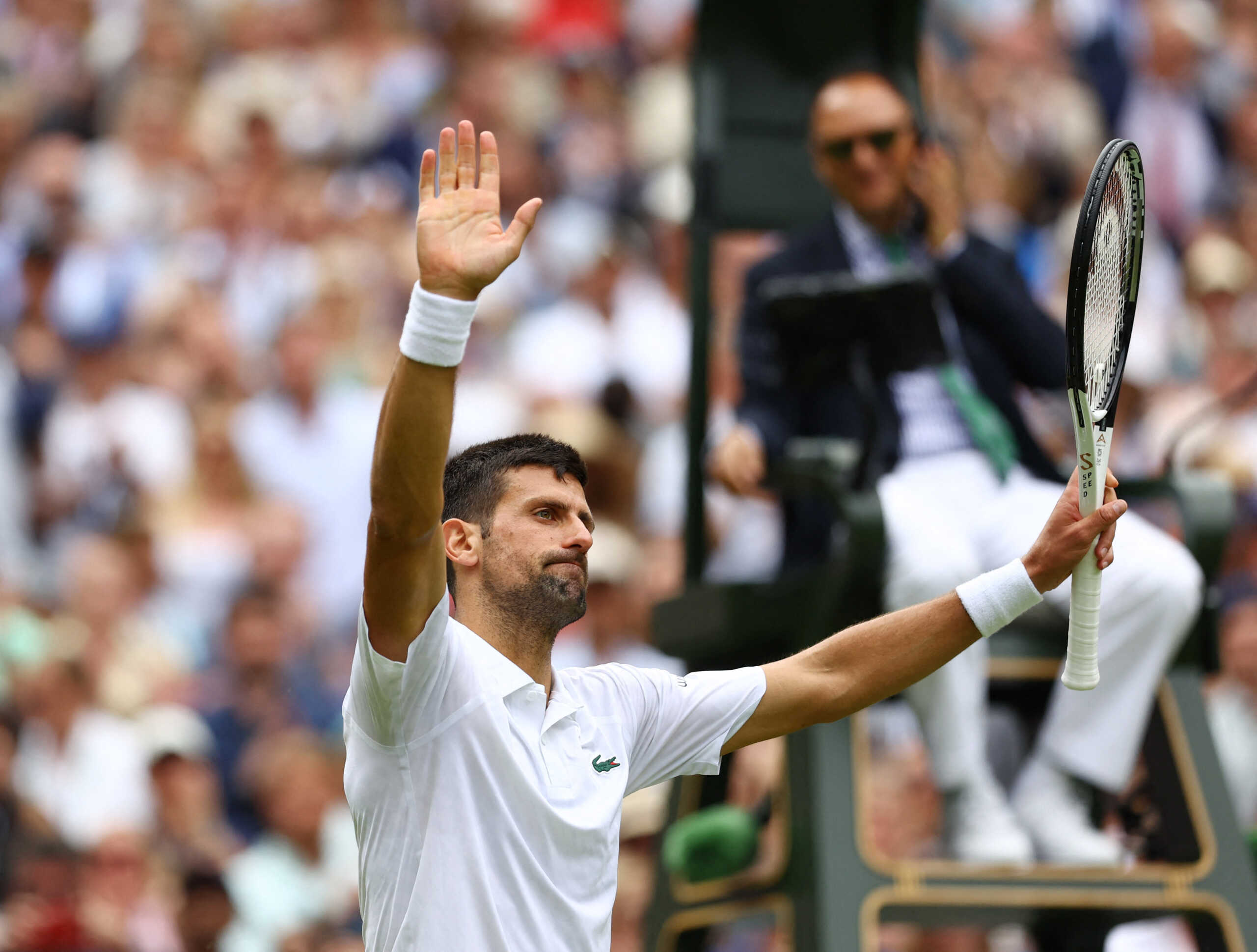 Tennis - Wimbledon - All England Lawn Tennis and Croquet Club, London, Britain - July 10, 2023 Serbia's Novak Djokovic celebrates winning his fourth round match against Poland's Hubert Hurkacz REUTERS