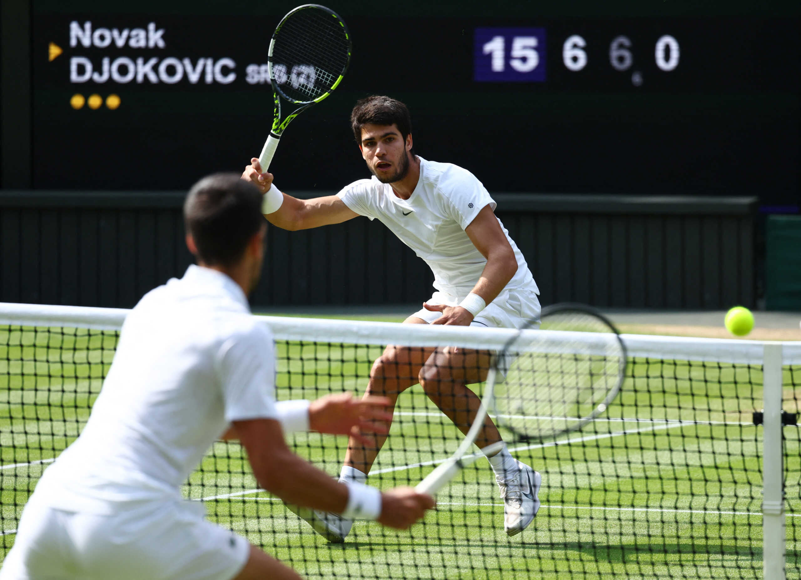 Tennis - Wimbledon - All England Lawn Tennis and Croquet Club, London, Britain - July 16, 2023 Spain's Carlos Alcaraz in action during his final match against Serbia's Novak Djokovic REUTERS