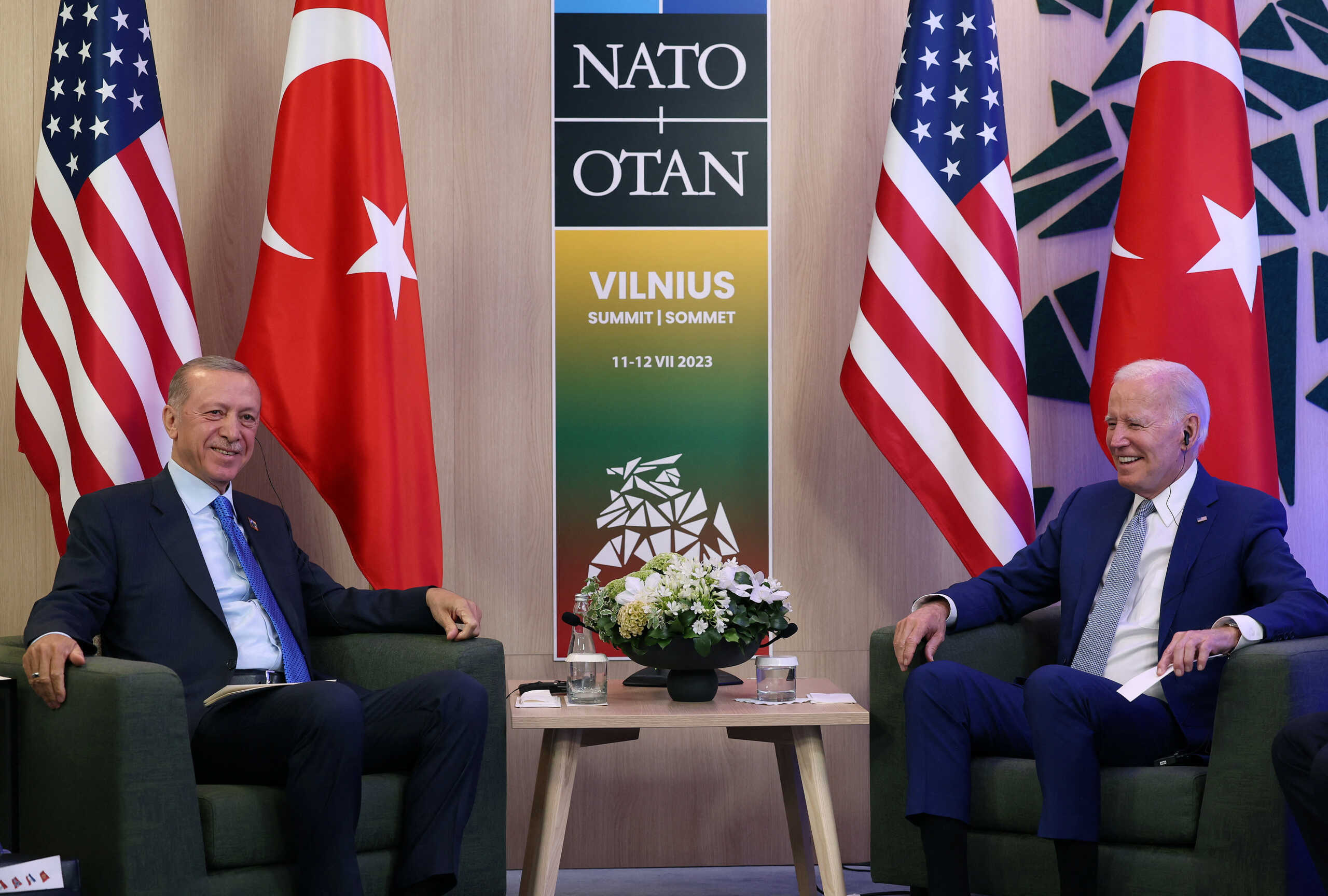 Turkish President Tayyip Erdogan meets with U.S. President Joe Biden during a NATO leaders summit in Vilnius, Lithuania, July 11, 2023. Turkish Presidential Press Office