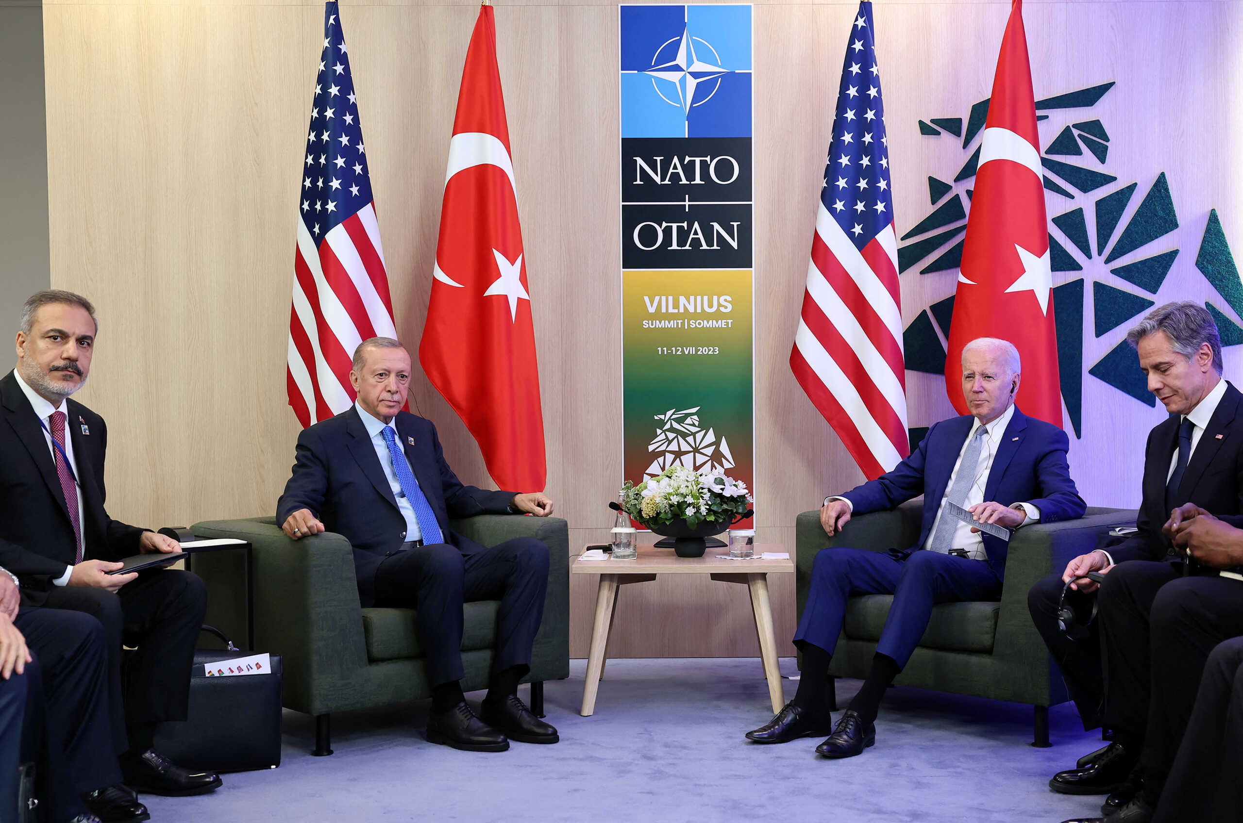 Turkish Foreign Minister Hakan Fidan and U.S. Secretary of State Antony Blinken attend a meeting between Turkish President Tayyip Erdogan and U.S. President Joe Biden during a NATO leaders summit in Vilnius, Lithuania, July 11, 2023. Murat Cetinmuhurdar