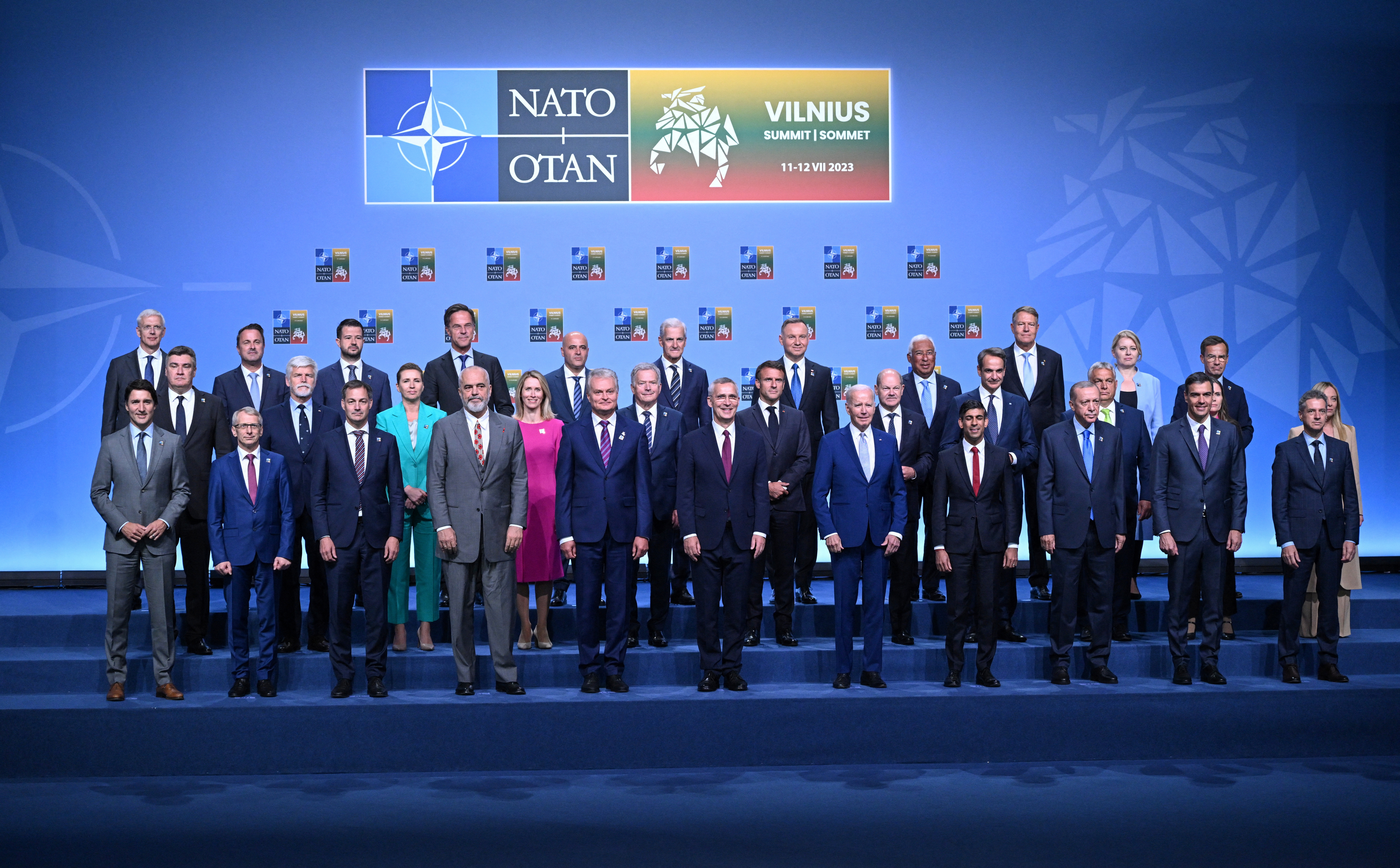 Participants of the NATO Summit take their positions to pose for an official family photo in Vilnius, Lithuania on July 11, 2023. Andrew Caballero-Reynolds