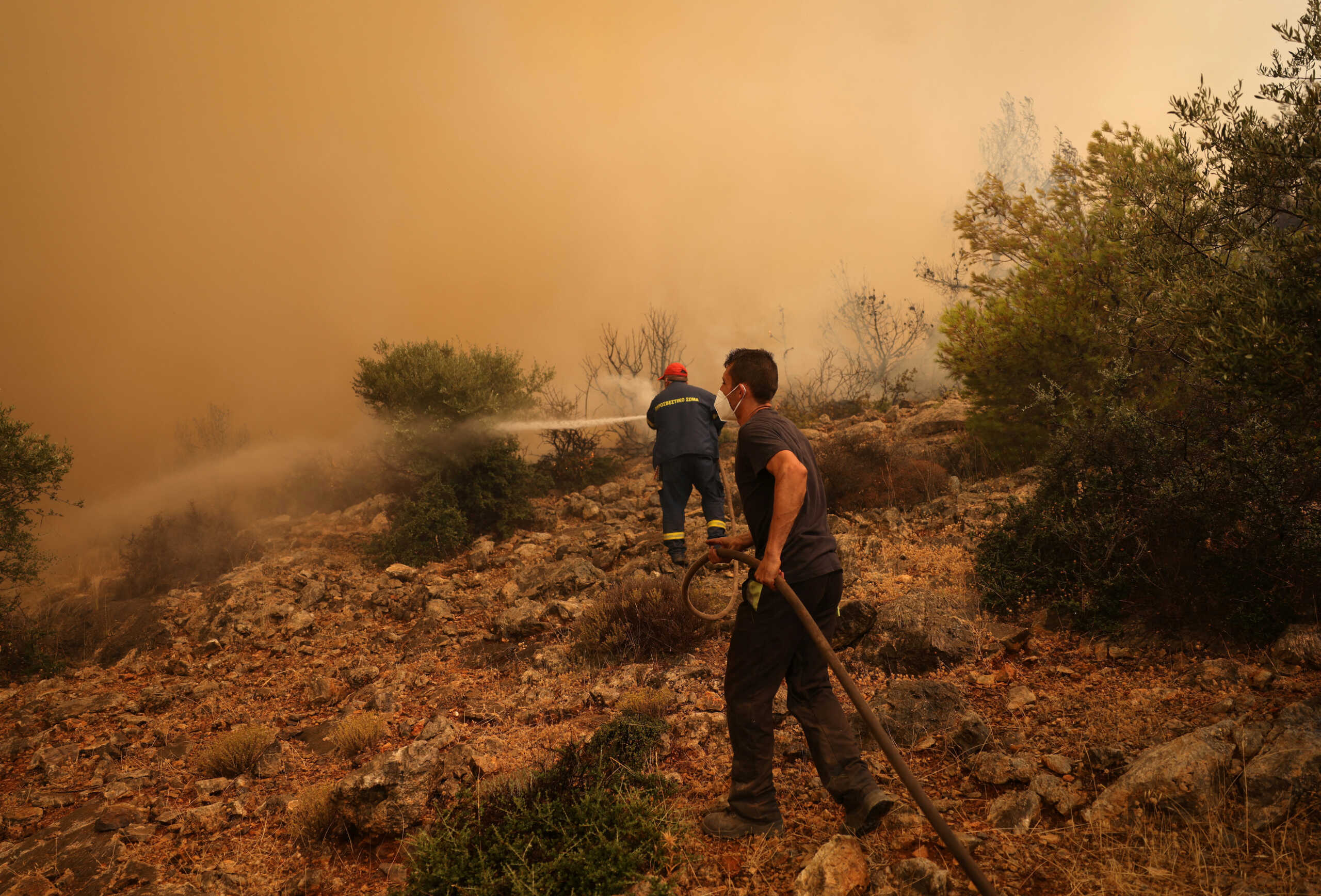 Firefighters try to extinguish a wildfire burning near the village of Kandyli, near Athens, Greece, July 19, 2023. REUTERS