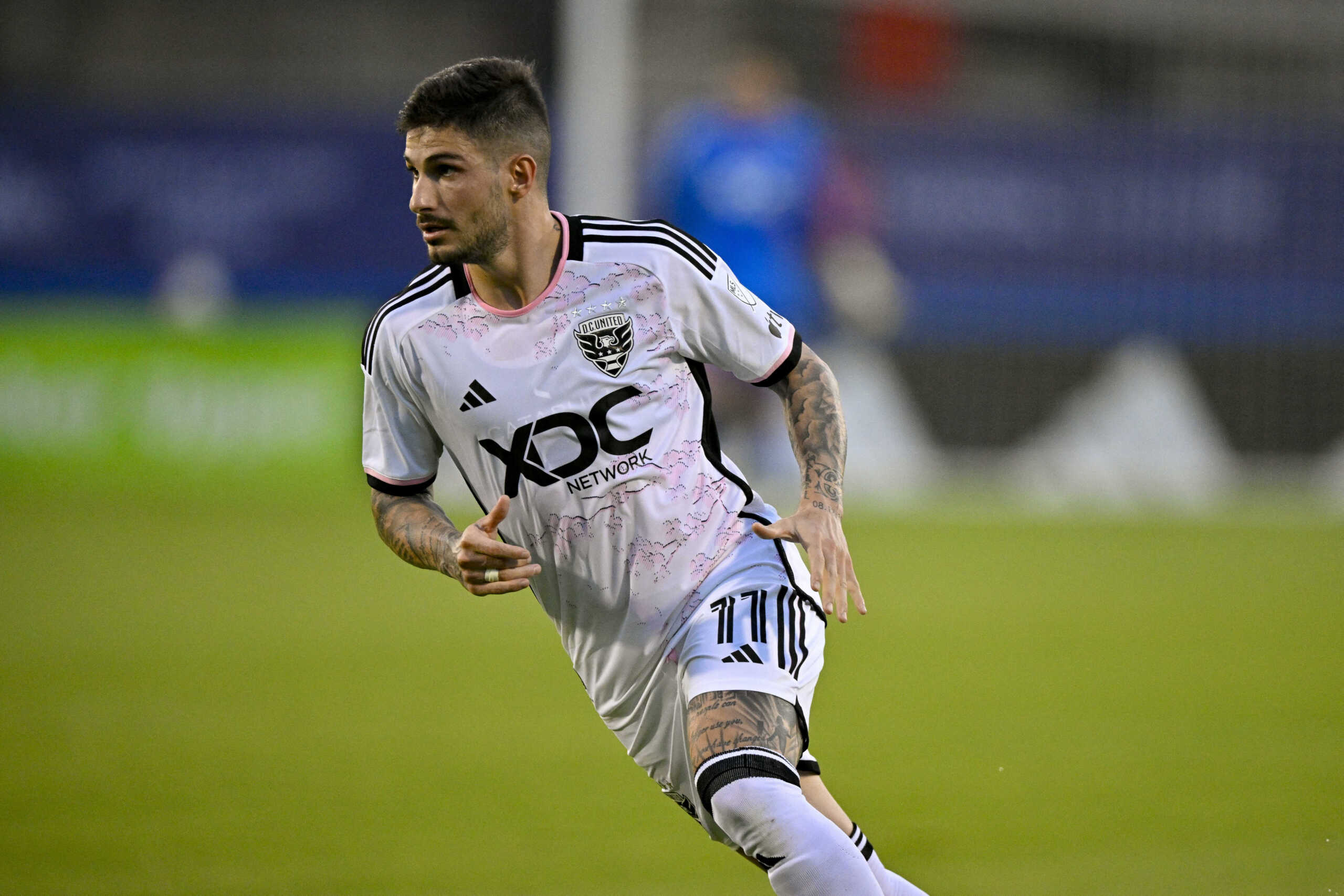 Jul 4, 2023; Frisco, Texas, USA; D.C. United forward Taxiarchis Fountas (11) chases the ball during the first half against FC Dallas at Toyota Stadium. Mandatory Credit: Jerome Miron-USA TODAY Sports