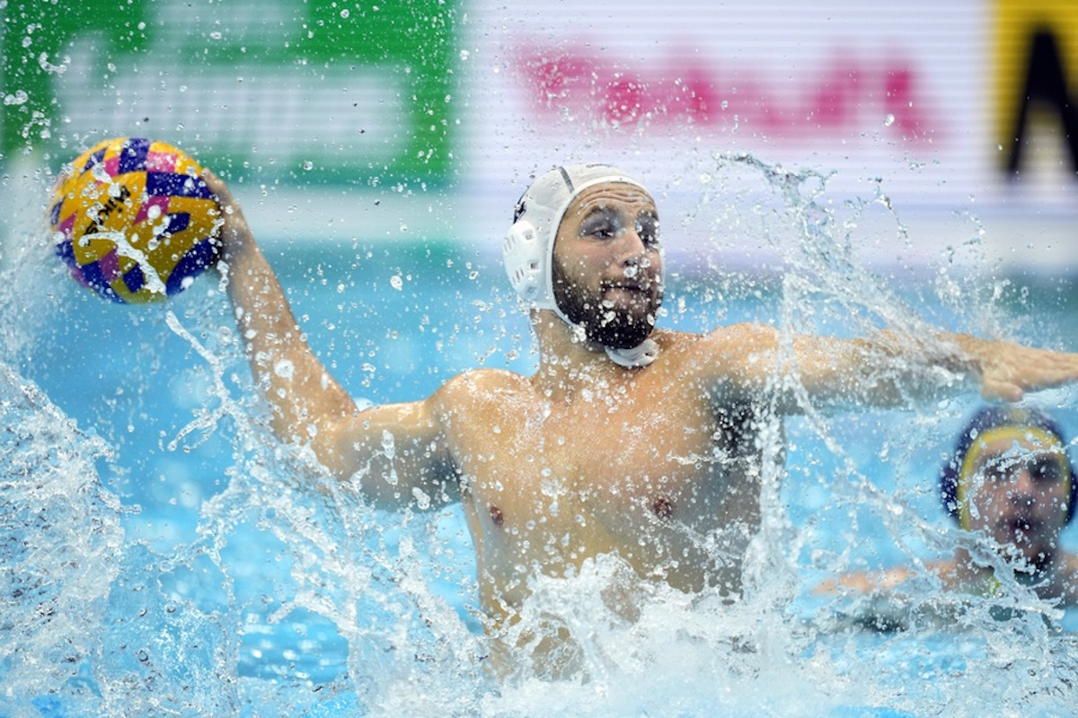 epa10754994 Konstantinos Genidounias of Greece in action at the Men's Water Polo preliminary round match between Greece and Kazakhstan during the World Aquatics Championships 2023 in Fukuoka, Japan, 19 July 2023.  EPA