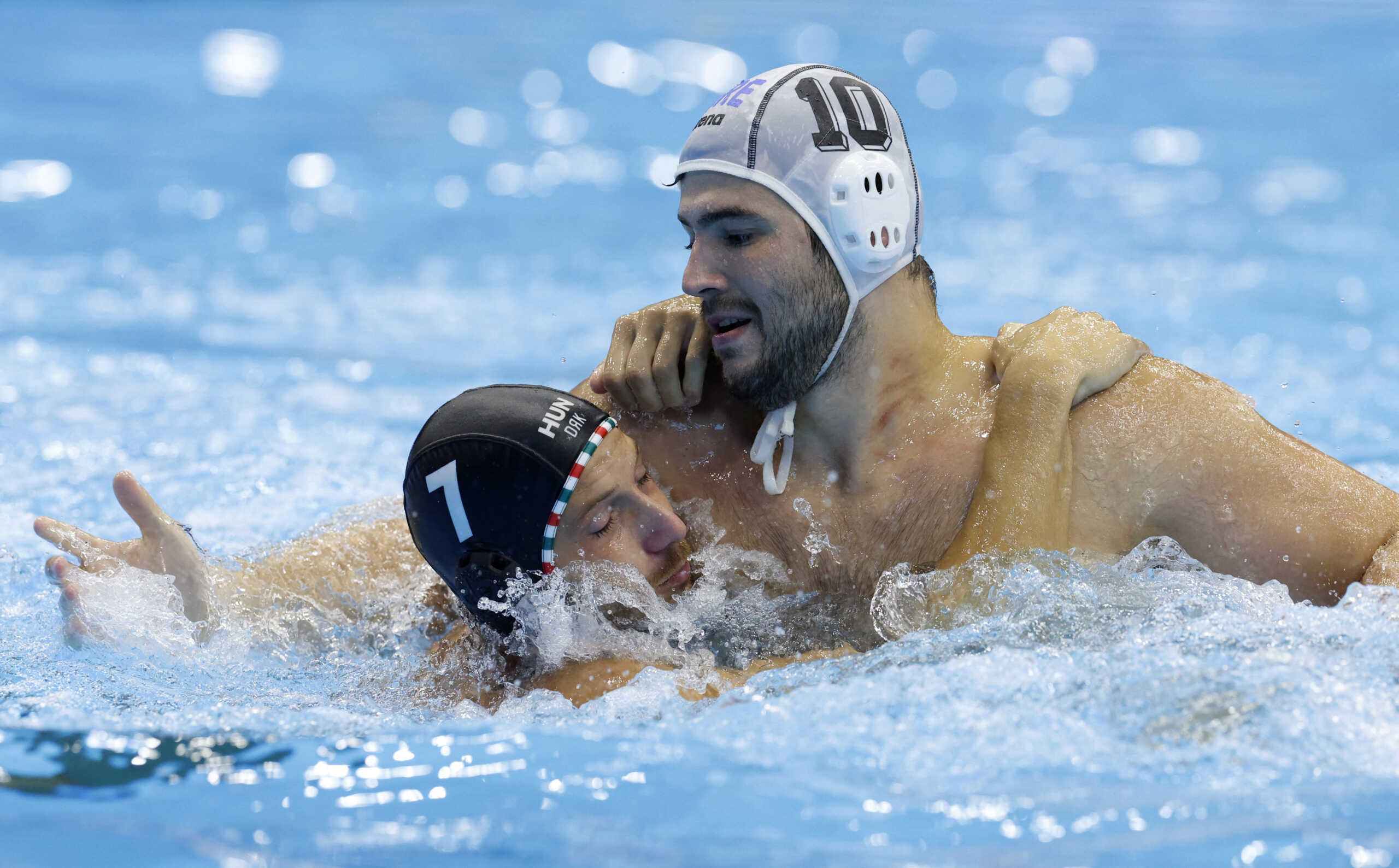Fukuoka 2023 World Aquatics Championships - Water Polo - Men's Gold Medal Match - Greece v Hungary - Marine Messe Fukuoka Hall B, Fukuoka, Japan - July 29, 2023 Hungary's Gergo Zalanki in action with Greece's Konstantinos Kakaris REUTERS