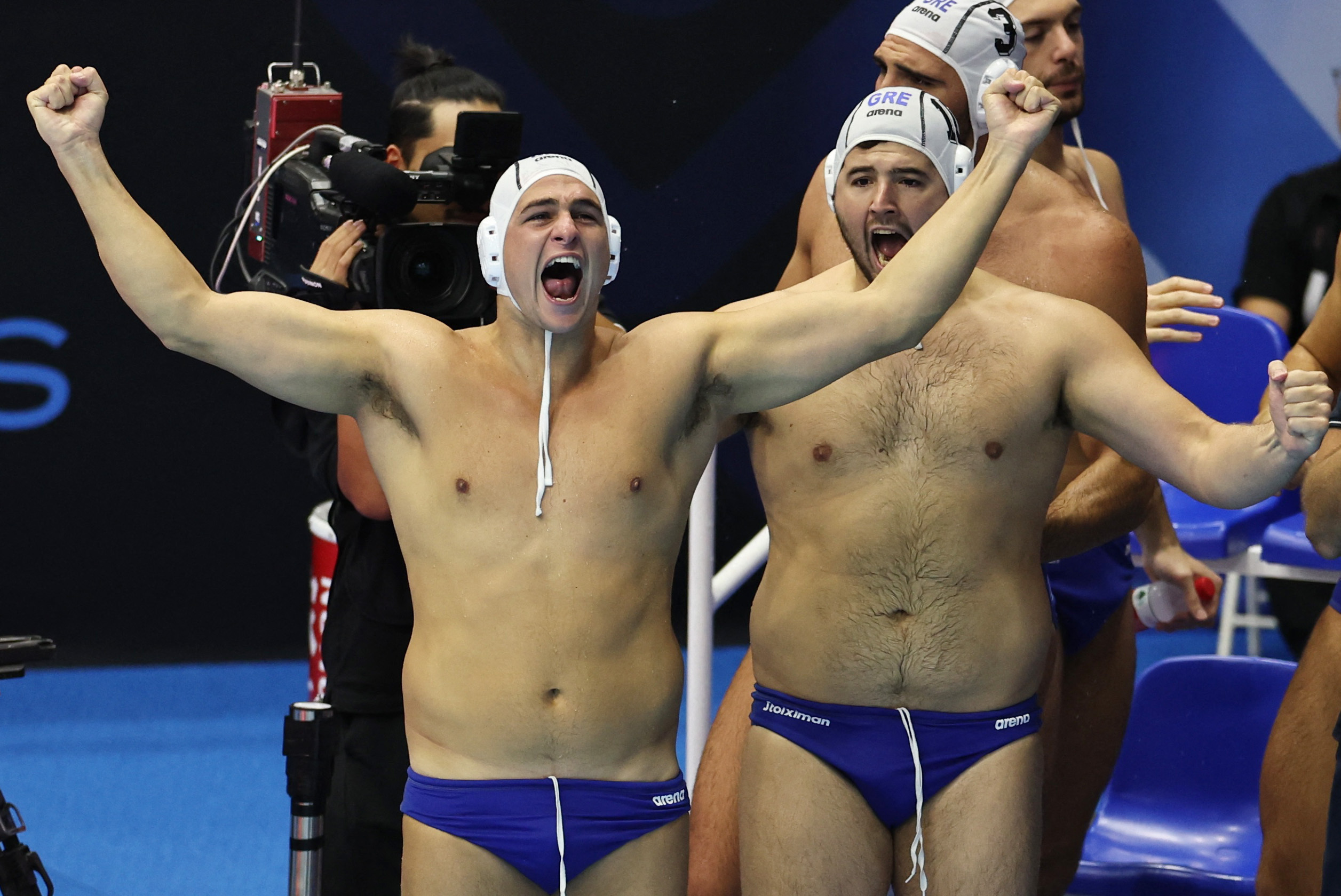 Fukuoka 2023 World Aquatics Championships - Water Polo - Men's Semi Final - Greece v Serbia - Marine Messe Fukuoka Hall B, Fukuoka, Japan - July 27, 2023  Greece's Dimitrios Skoumpakis celebrates with teammates after the match REUTERS