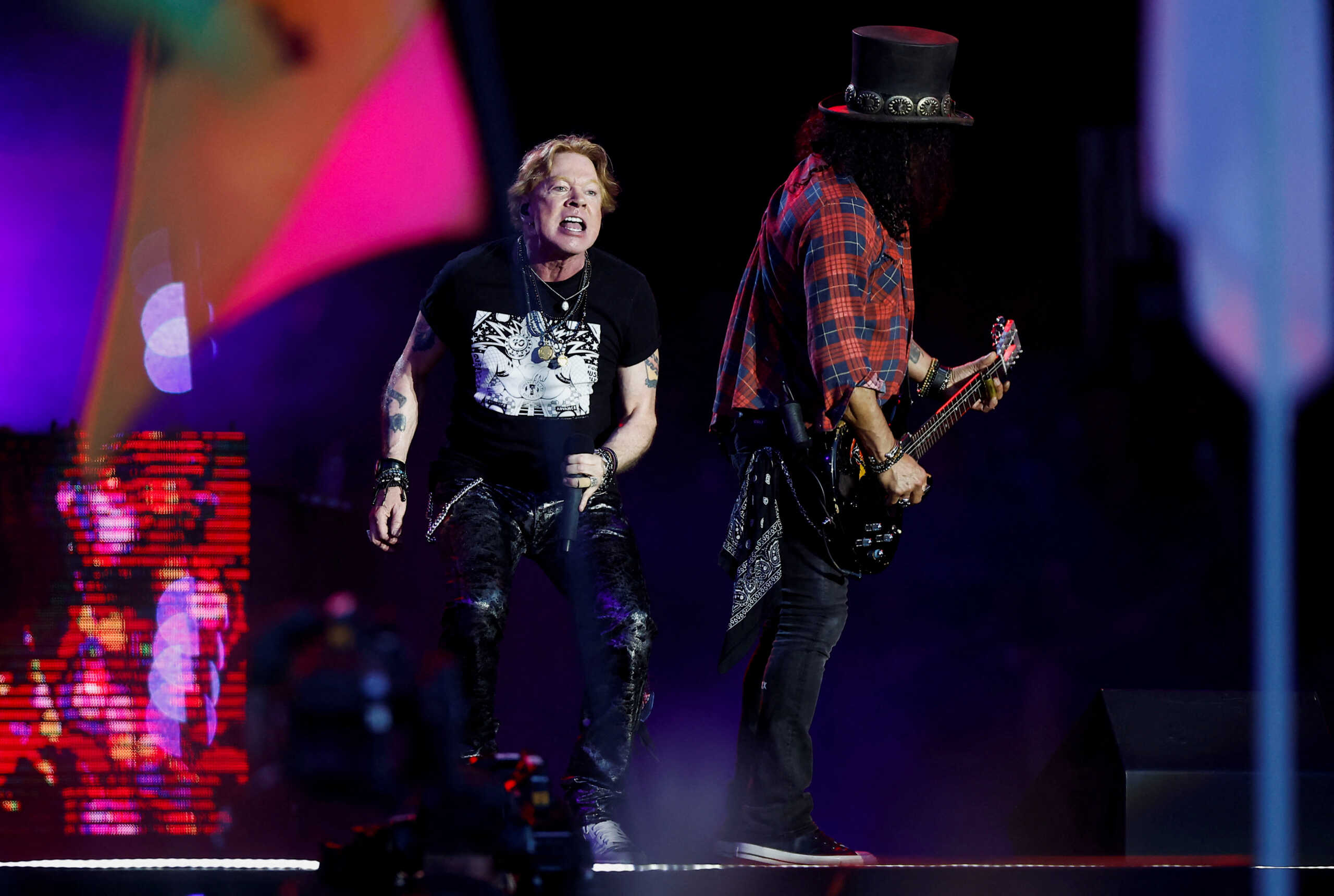 Axl Rose and Slash of Guns N' Roses perform at the Glastonbury Festival site in Somerset, Britain, June 24, 2023. REUTERS