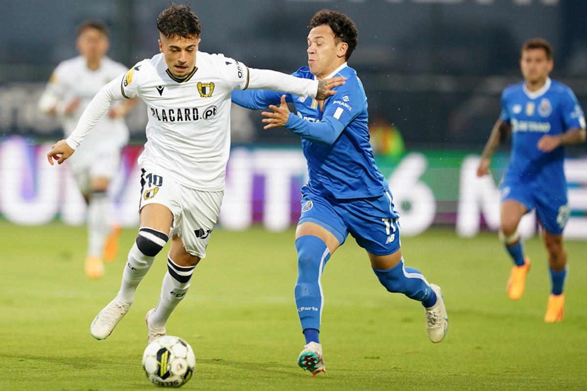 epa10641883 FC Famalicao's Ivan Jaime (R) in action against FC Porto's Pepe (L), during the Portuguese First League soccer match, between FC Famalicao vs FC Porto, at Municipal de Famalicao stadium in Famalicao, Portugal, 20 May 2023.  EPA
