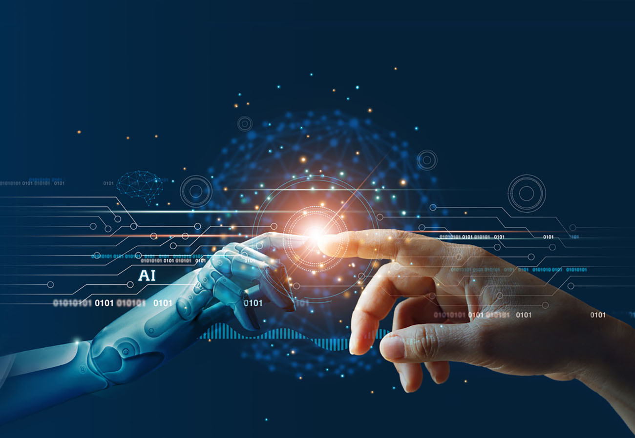 AI, Machine learning, Hands of robot and human touching on big data network connection background, Science and artificial intelligence technology, innovation and futuristic.