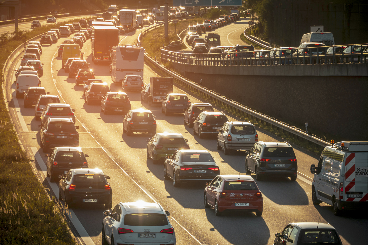 Traffic-jam on highway A1 near Hamburg- City at rush-hour at the weekend.