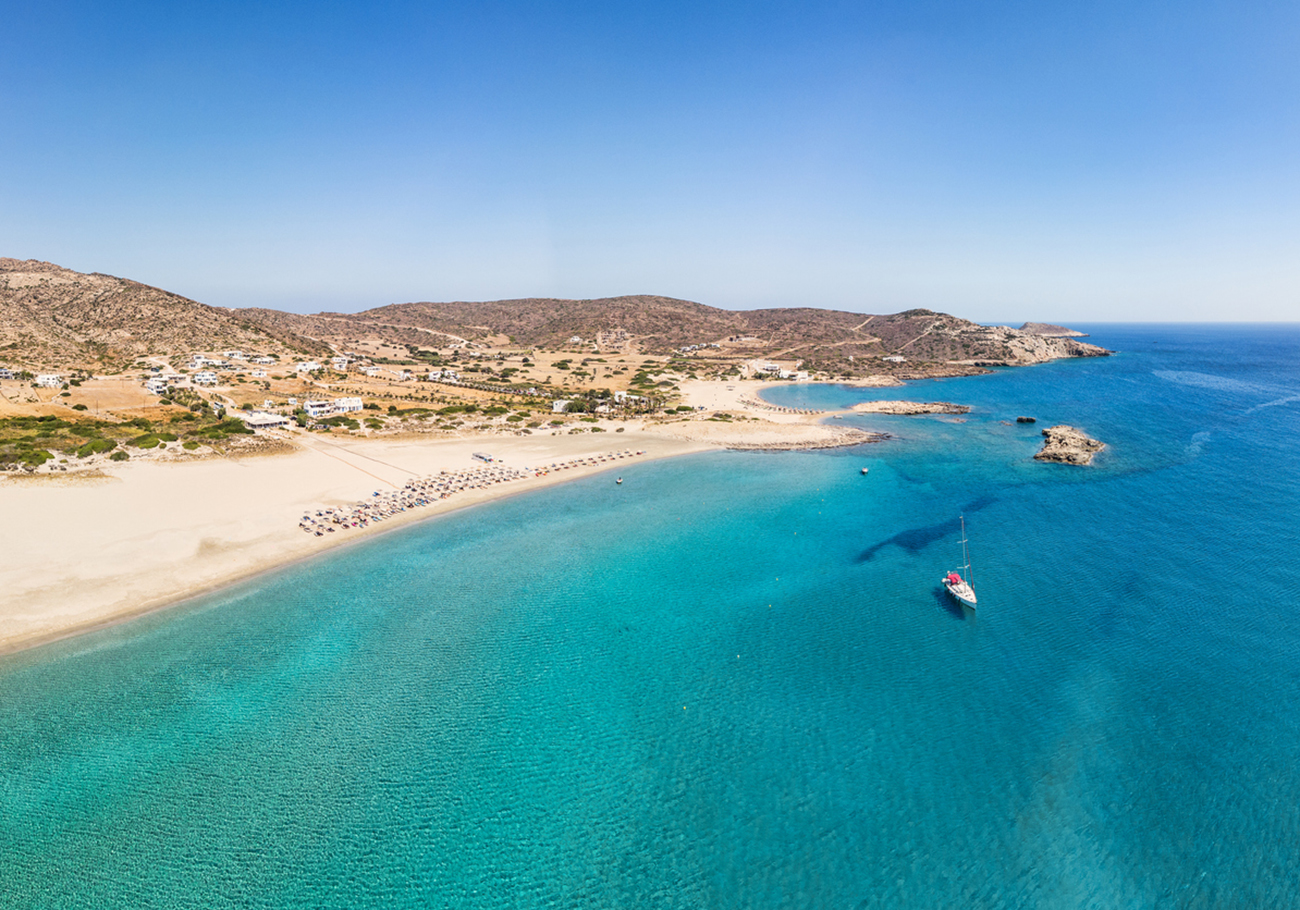 The famous sandy beach Manganari in Ios island, Greece
