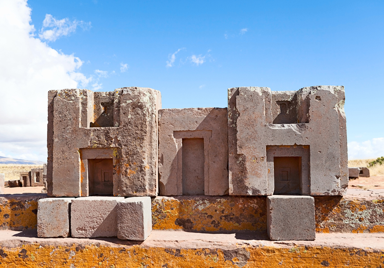 Demonstration of the building block technique in Pumapunku also called "Puma Pumku", part of a large temple complex or monument group of the Tiwanaku Site, in Bolivia.