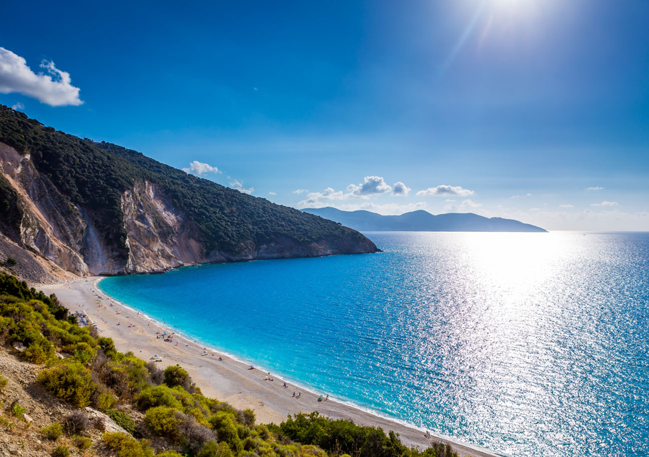 Scenic view of Myrtos beach, the most famous beach on the Greek island of Kefalonia.