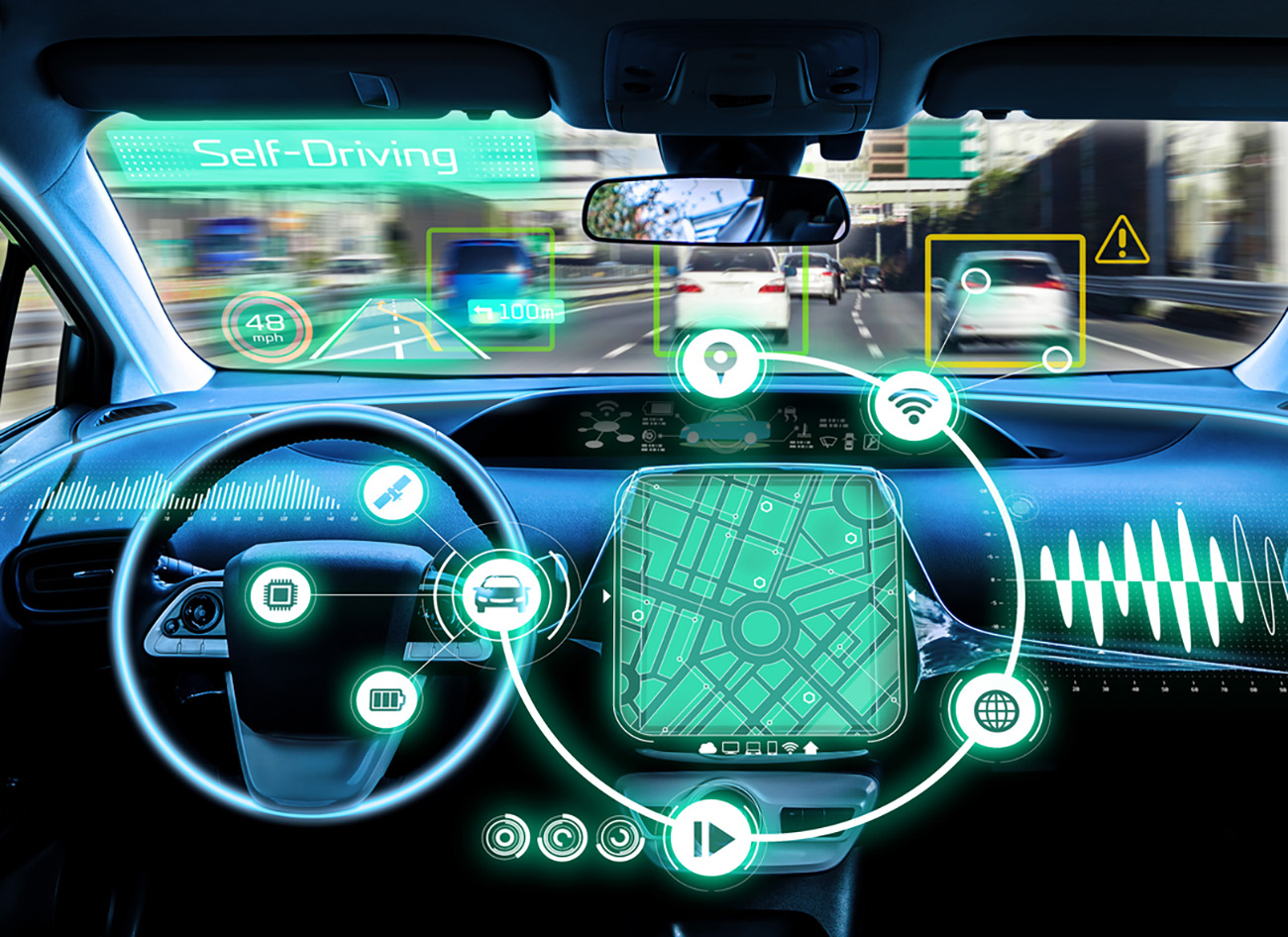 cockpit of autonomous car. self driving vehicle.