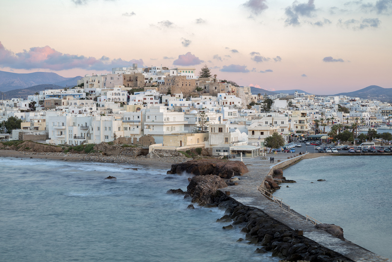 The Chora ('capital') of Naxos island at dusk, Cyclades Islands, Aegean Sea, Greece, Europe