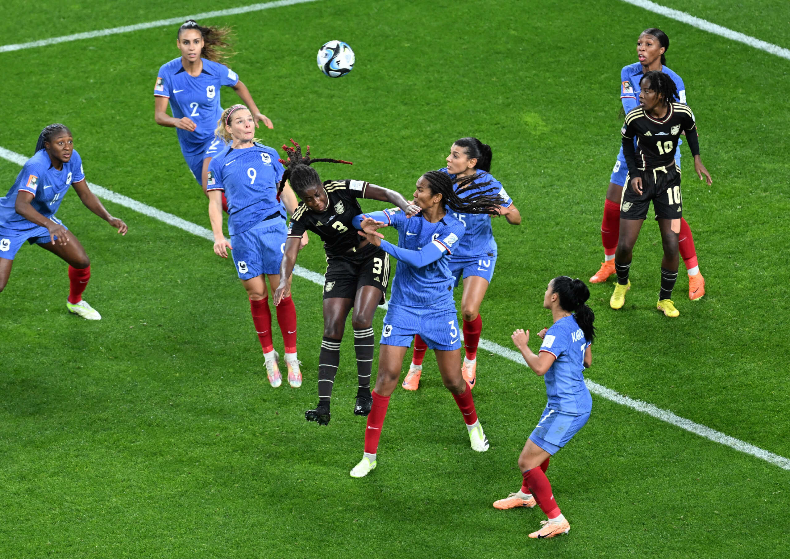Soccer Football - FIFA Women’s World Cup Australia and New Zealand 2023 - Group F - France v Jamaica - Sydney Football Stadium, Sydney, Australia - July 23, 2023 Jamaica's Vyan Sampson in action with France's Wendie Renard REUTERS