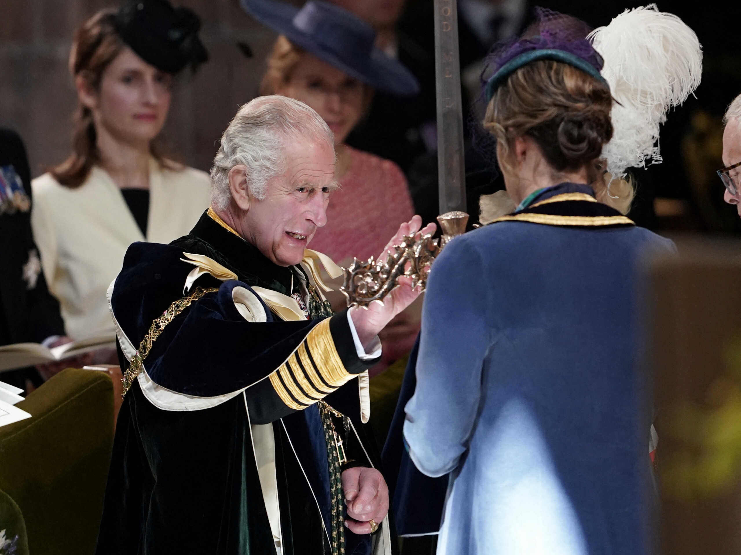 Britain's King Charles III is presented with the Elizabeth Sword by Dame Katherine Grainger during the National Service of Thanksgiving and Dedication for King Charles III and Queen Camilla, and the presentation of the Honours of Scotland, at St Giles' Cathedral, Edinburgh. Picture date: Wednesday July 5, 2023.     Andrew Milligan