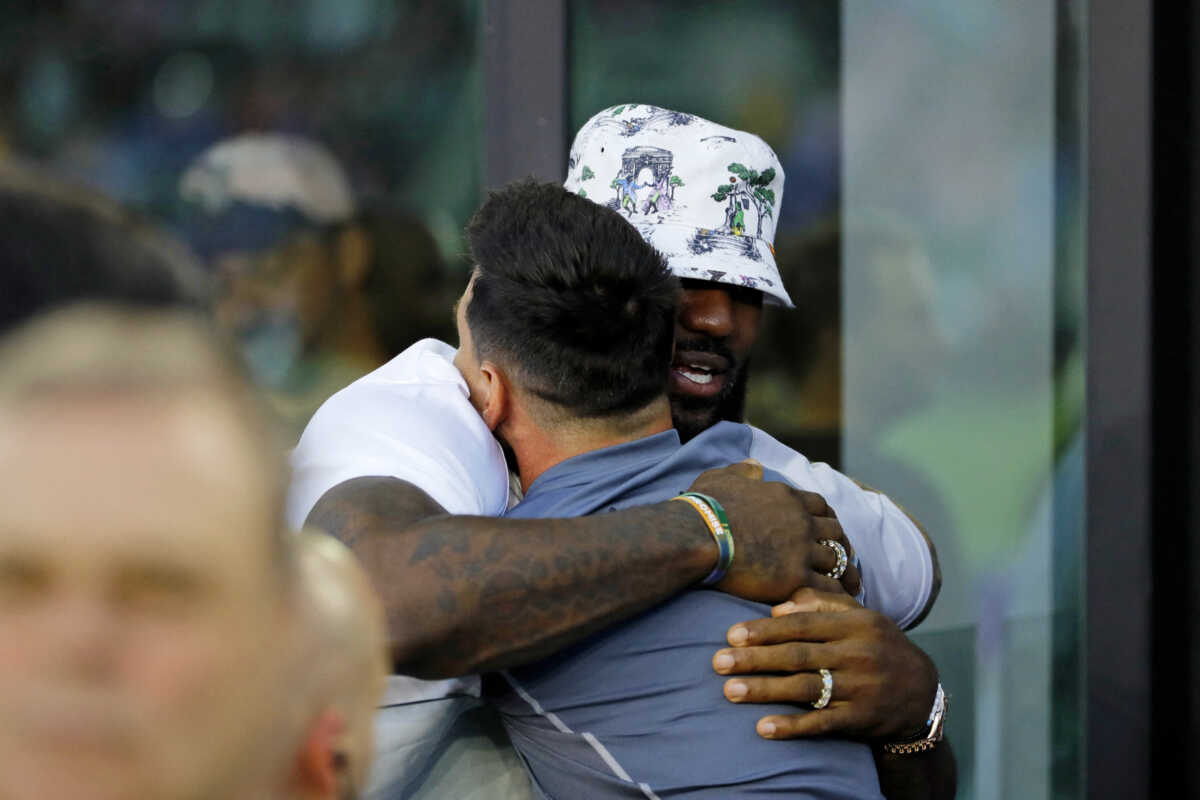 Jul 21, 2023; Fort Lauderdale, FL, USA; Los Angeles Lakers forward Lebron James hugs Inter Miami CF forward Lionel Messi (10) before the match against Cruz Azul at DRV PNK Stadium. Mandatory Credit: Sam Navarro-USA TODAY Sports