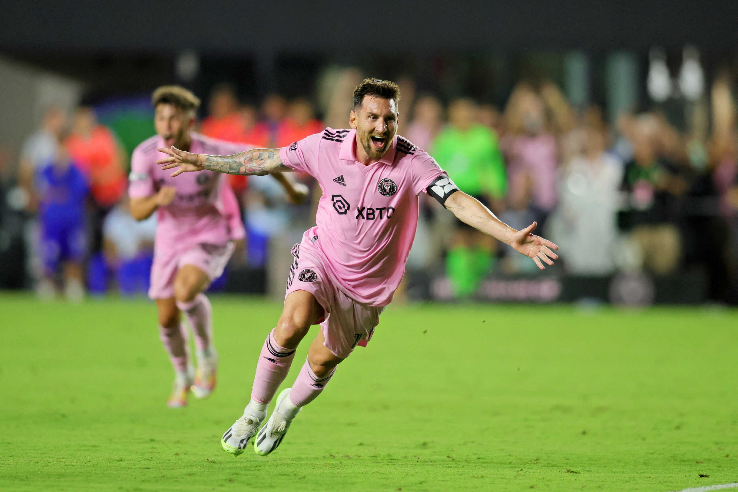 Jul 21, 2023; Fort Lauderdale, FL, USA; Inter Miami CF forward Lionel Messi (10) celebrates after scoring a goal against Cruz Azul during the second half at DRV PNK Stadium. Mandatory Credit: Sam Navarro-USA TODAY Sports