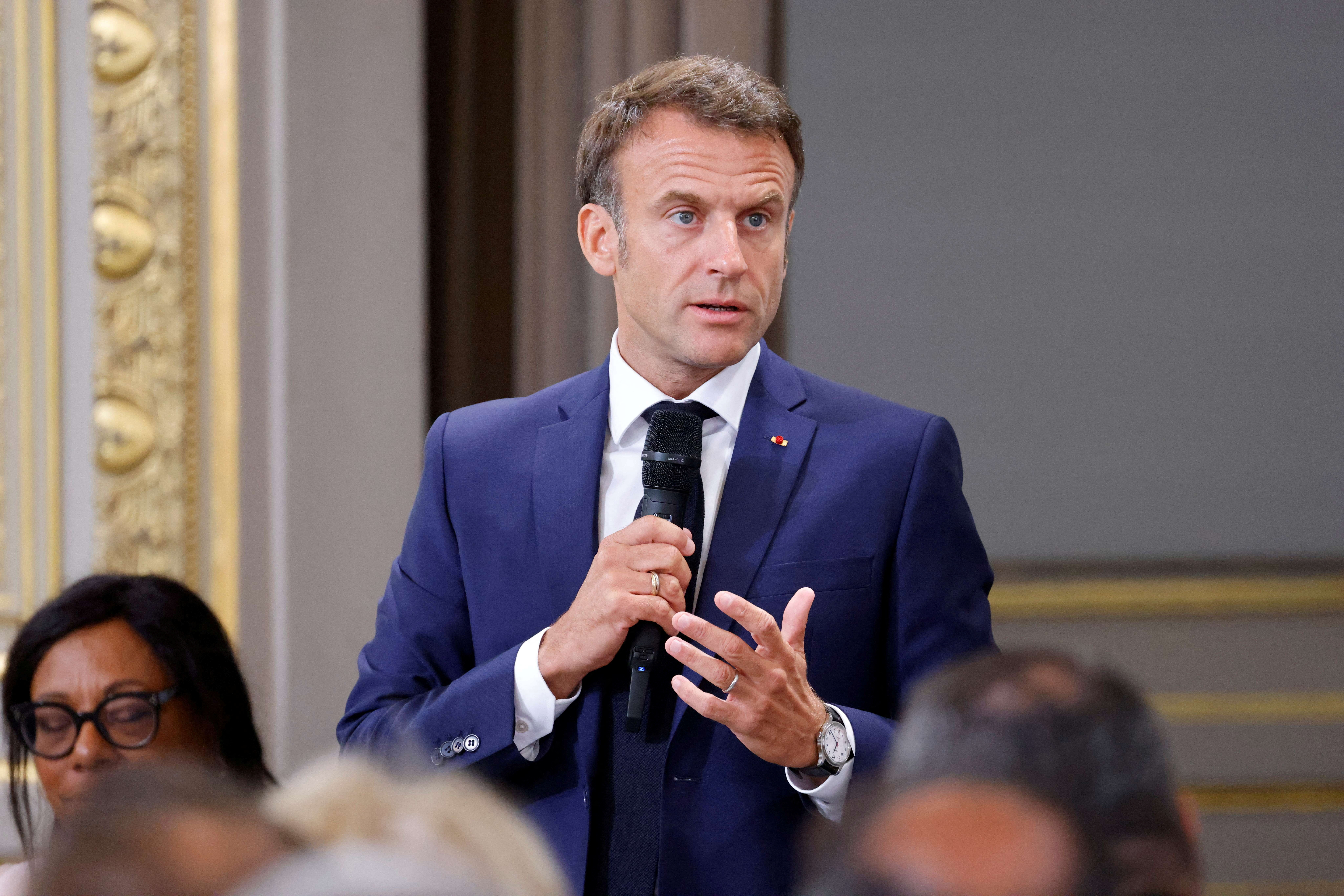 France's President Emmanuel Macron addresses mayors of cities affected by the violent clashes that erupted after a teen was shot dead by police last week, during a meeting at the presidential Elysee Palace in Paris, France on July 4, 2023.     LUDOVIC MARIN