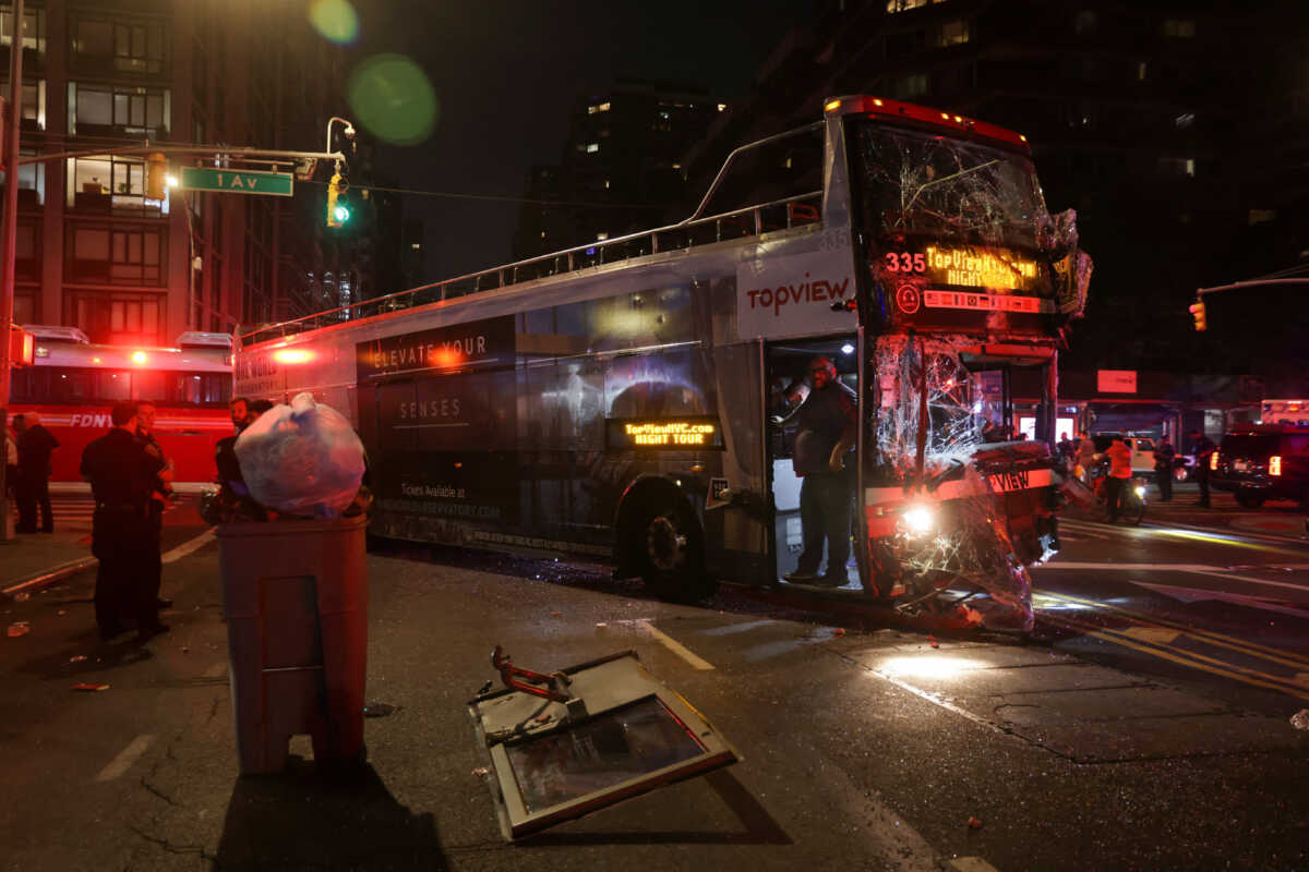 A view of the site of a bus crash between a tourist double decker bus and a city bus in the Manhattan borough of New York City, U.S., July 6, 2023. REUTERS