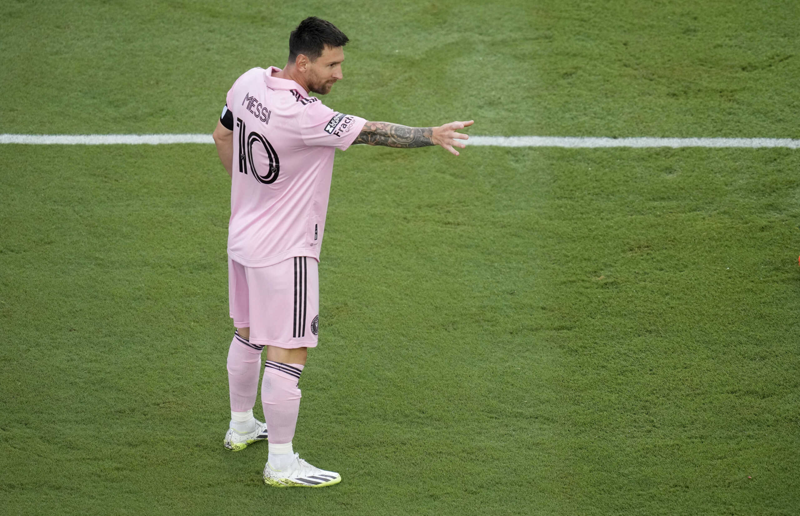 Jul 25, 2023; Fort Lauderdale, FL, USA; Inter Miami CF forward Lionel Messi (10) celebrates after scoring against Atlanta United during the first half at DRV PNK Stadium. Mandatory Credit: John David Mercer-USA TODAY Sports