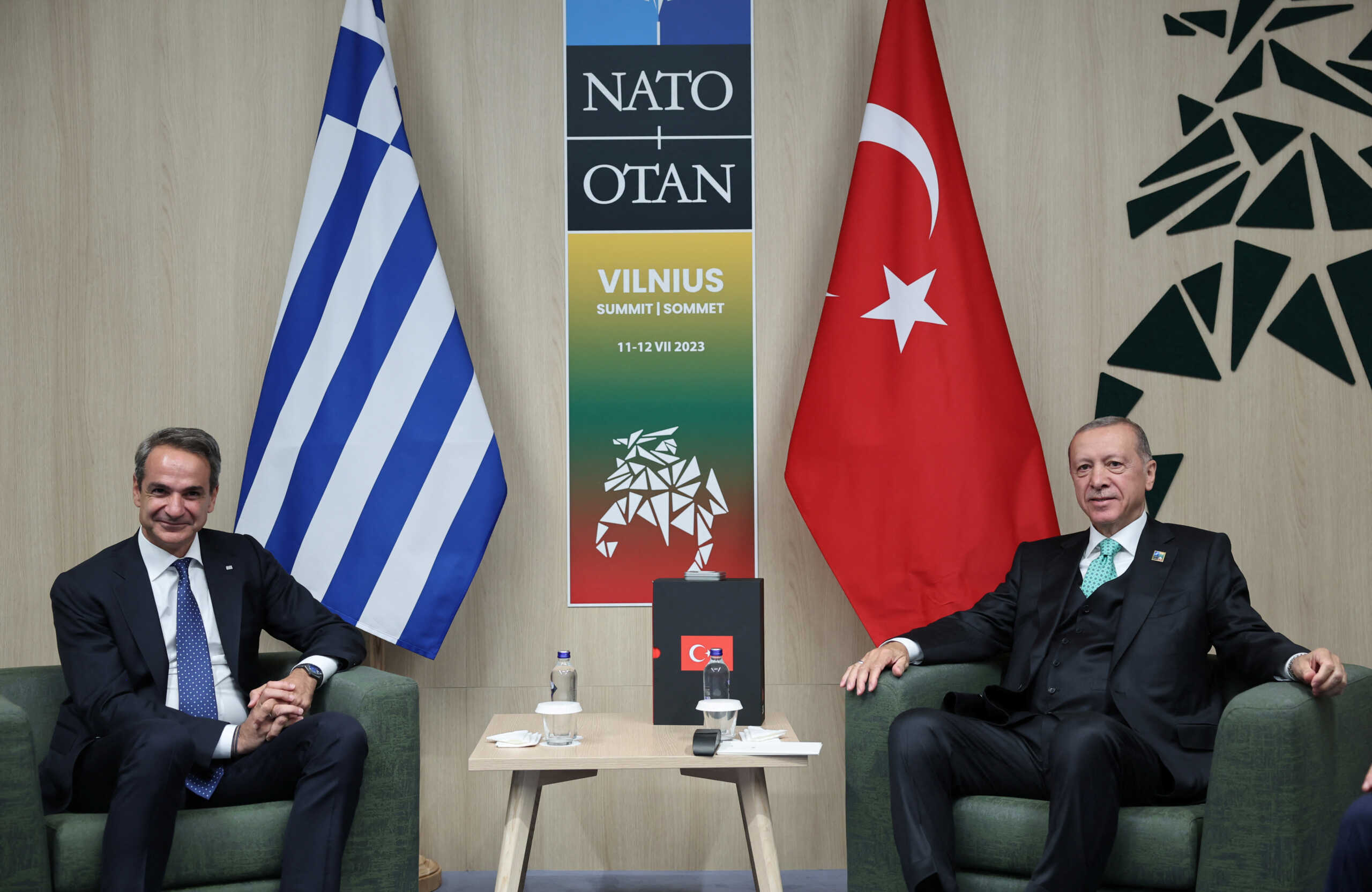 Turkey's President Tayyip Erdogan meets with Greece's Prime Minister Kyriakos Mitsotakis during a NATO leaders summit in Vilnius, Lithuania July 12, 2023. Murat Cetinmuhurdar