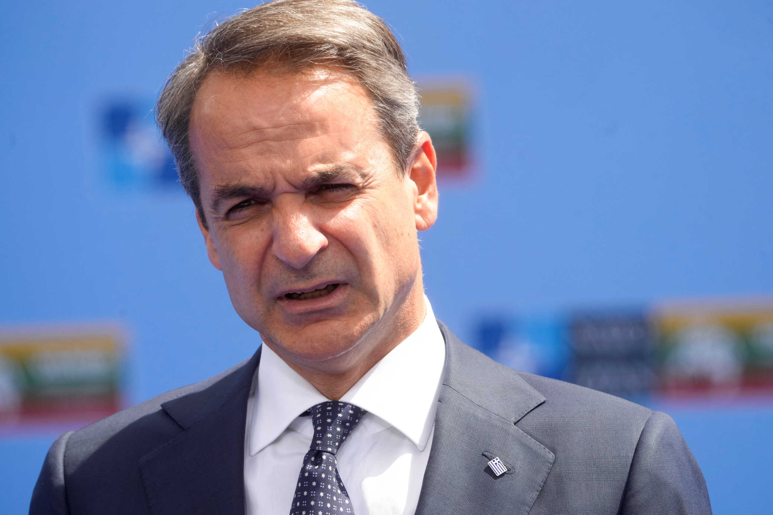 Greek Prime Minister Kyriakos Mitsotakis addresses media ahead of a NATO leaders summit in Vilnius, Lithuania July 11, 2023. REUTERS