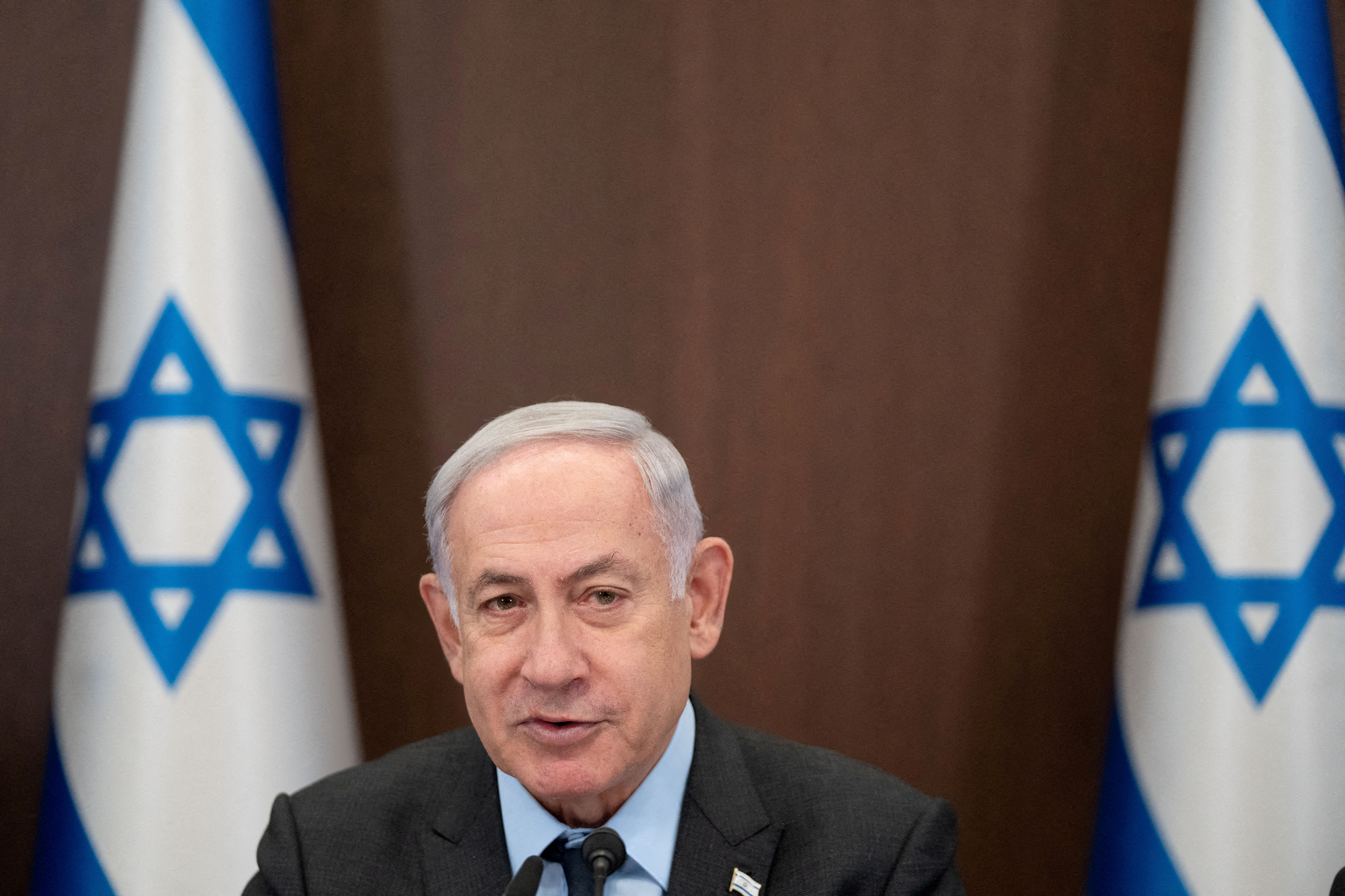 FILE PHOTO: Israeli Prime Minister Benjamin Netanyahu chairs a cabinet meeting at the prime minister's office in Jerusalem, Monday, July 17, 2023. Ohad Zwigenberg