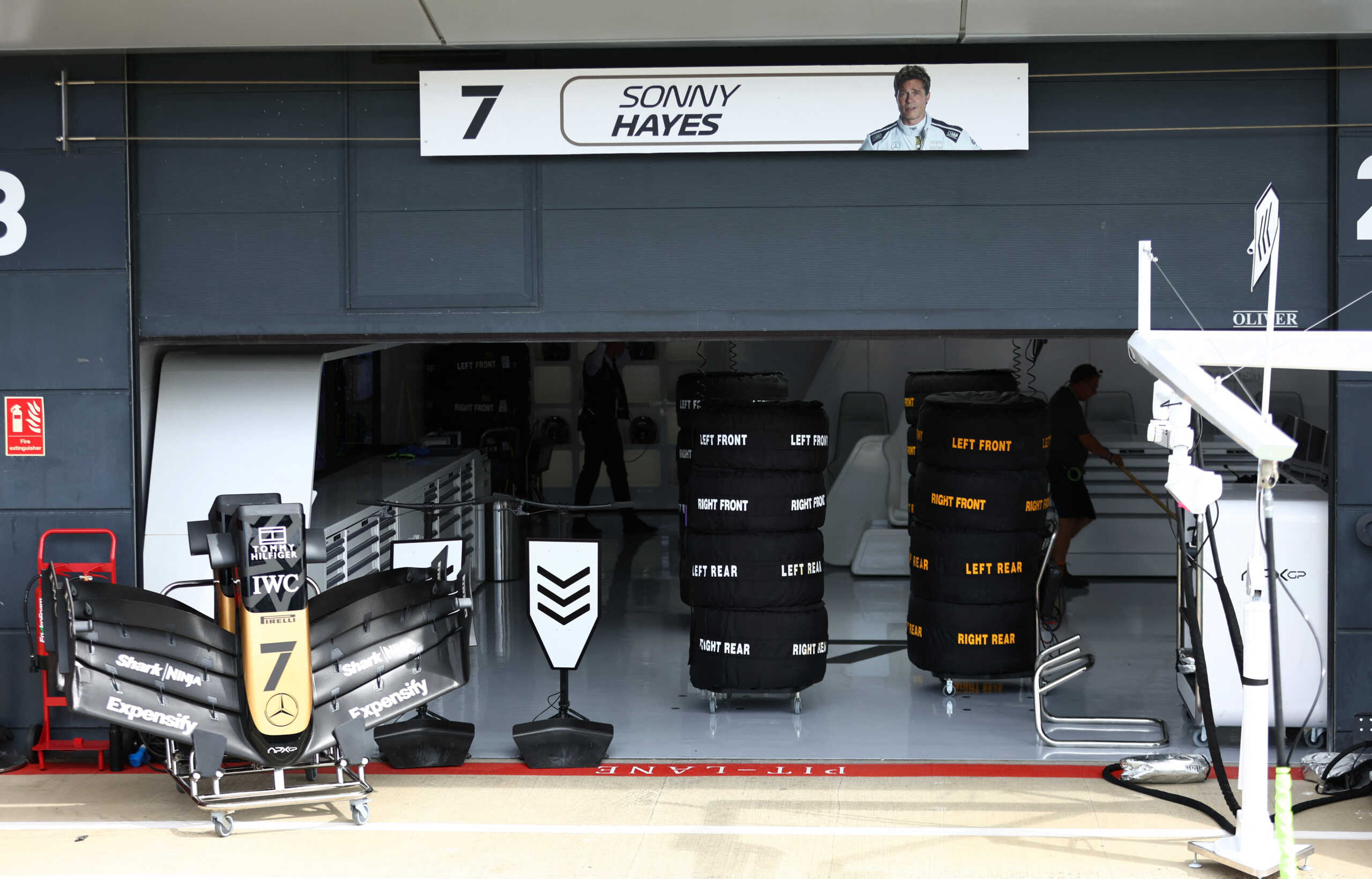 Formula One F1 - British Grand Prix - Silverstone Circuit, Silverstone, Britain - July 6, 2023 General view of a sign showing actor Brad Pitt in an upcoming movie being filmed at Silverstone Circuit REUTERS